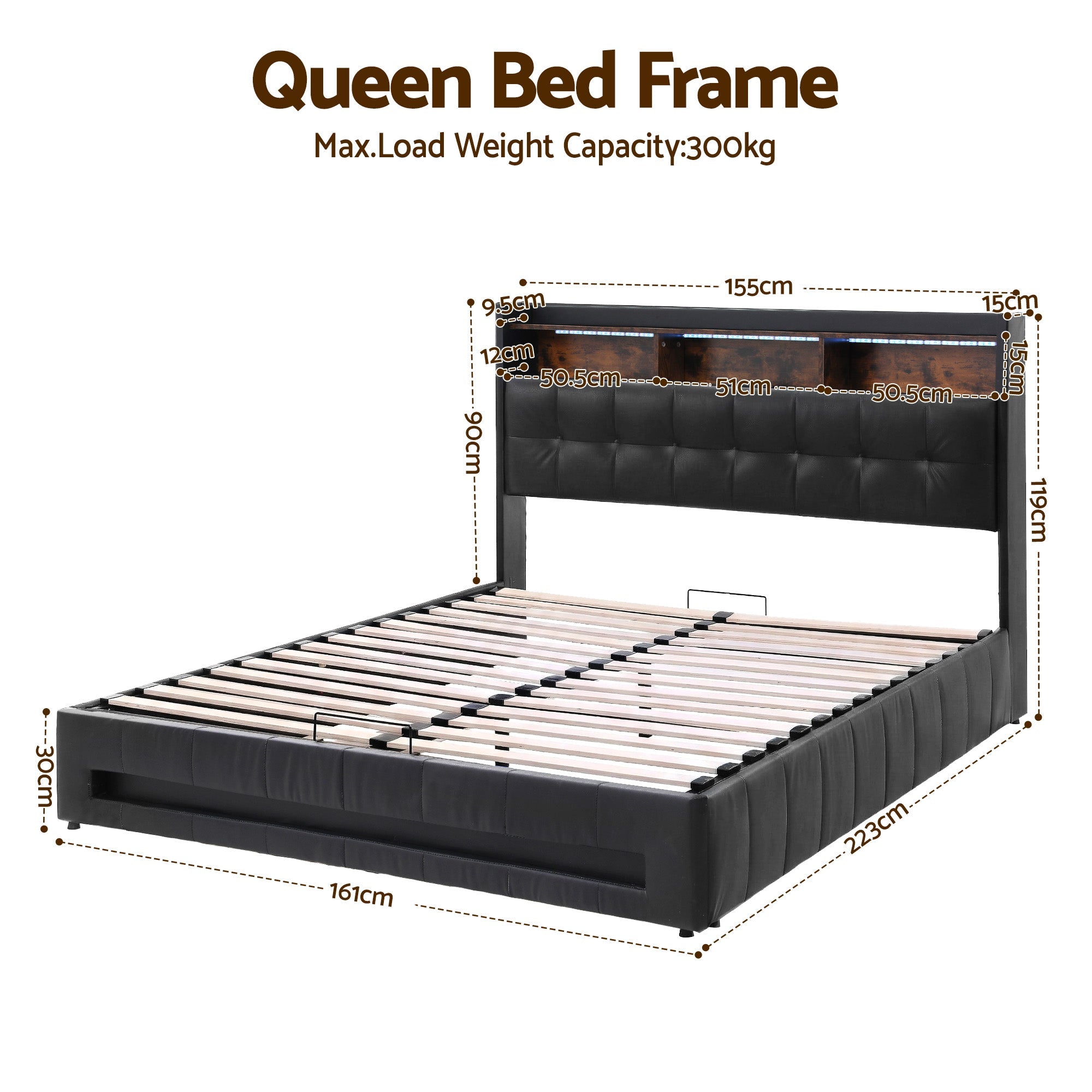 Queen Bed Frame with Gas Lift Storage LED Lights Charging Station Headboard with Open Shelf - Furniture > Bedroom > Beds & Bed Frames - Rivercity House & Home Co. (ABN 18 642 972 209) - Affordable Modern Furniture Australia