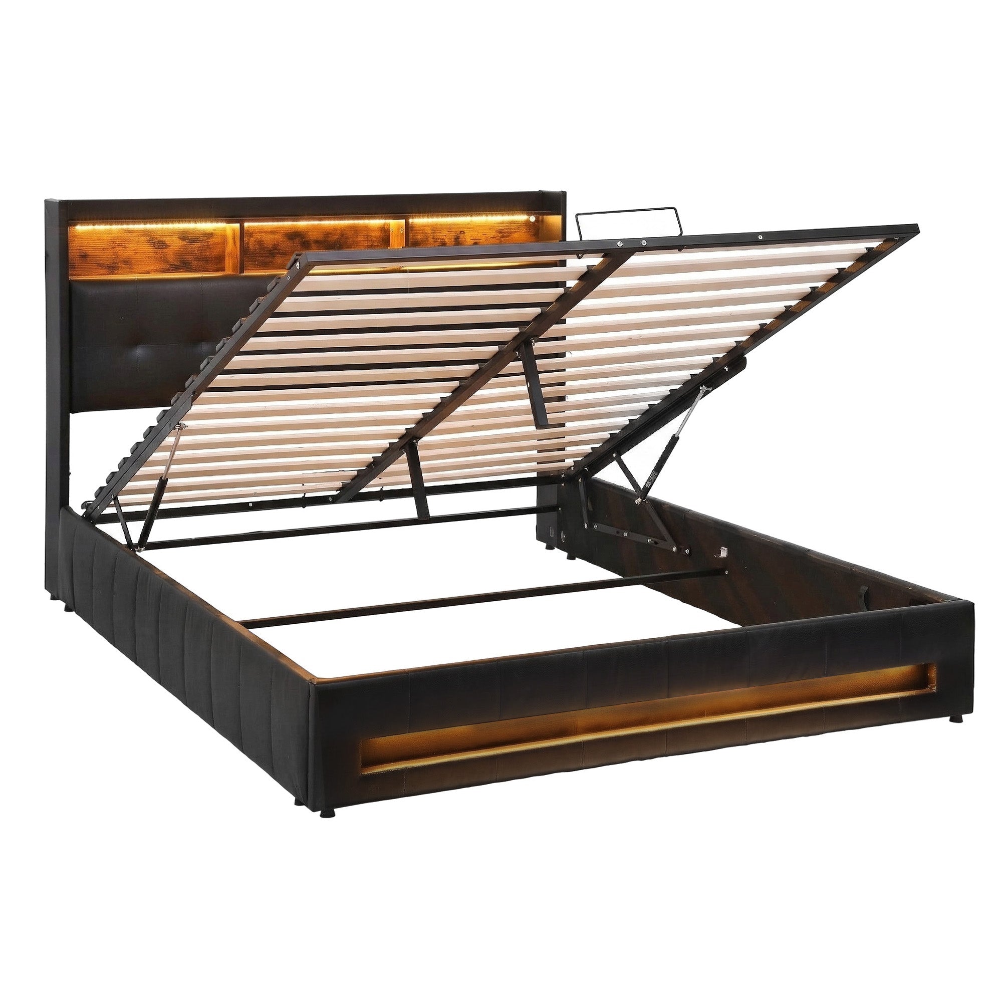 Queen Bed Frame with Gas Lift Storage LED Lights Charging Station Headboard with Open Shelf - Furniture > Bedroom > Beds & Bed Frames - Rivercity House & Home Co. (ABN 18 642 972 209) - Affordable Modern Furniture Australia