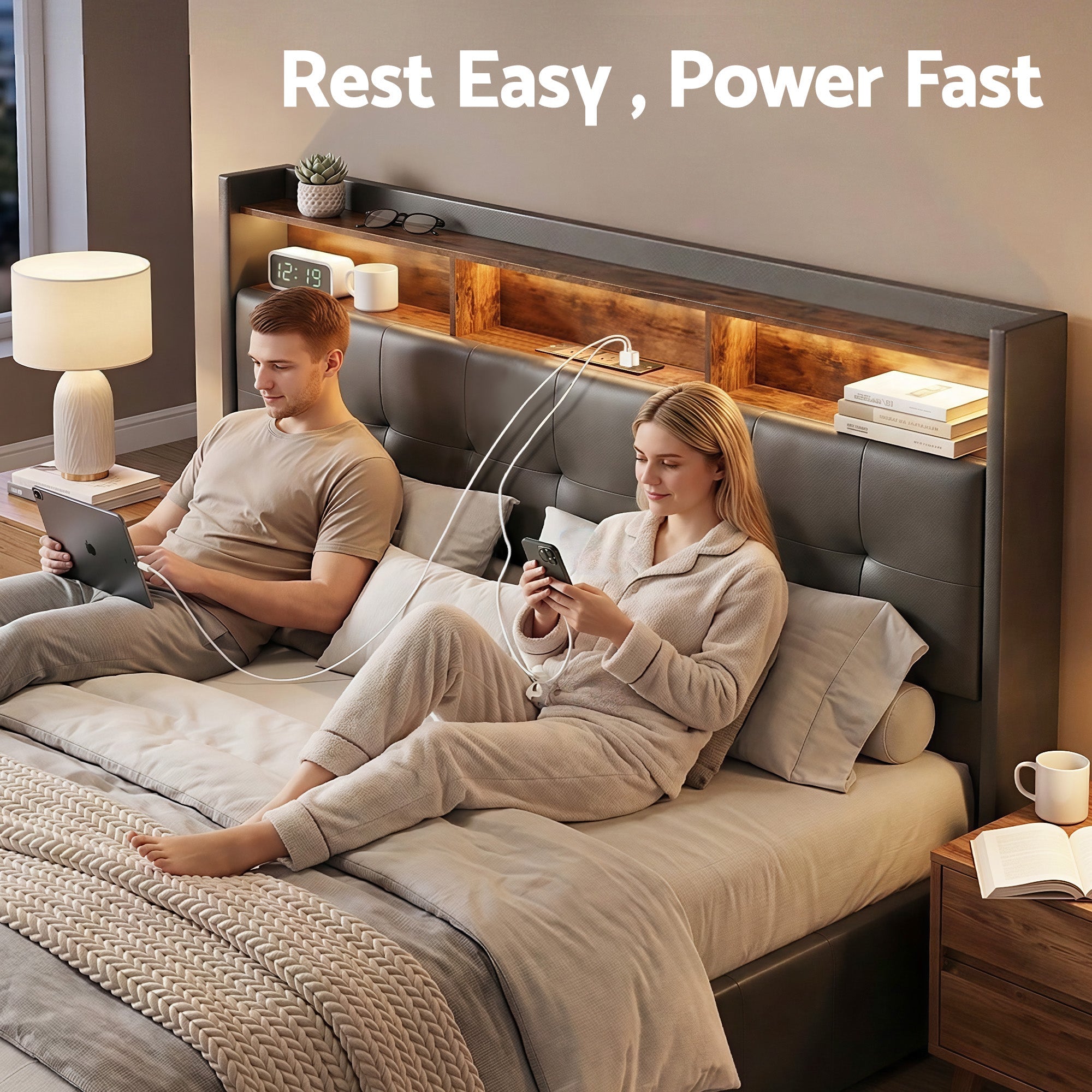 Queen Bed Frame with Gas Lift Storage LED Lights Charging Station Headboard with Open Shelf - Furniture > Bedroom > Beds & Bed Frames - Rivercity House & Home Co. (ABN 18 642 972 209) - Affordable Modern Furniture Australia