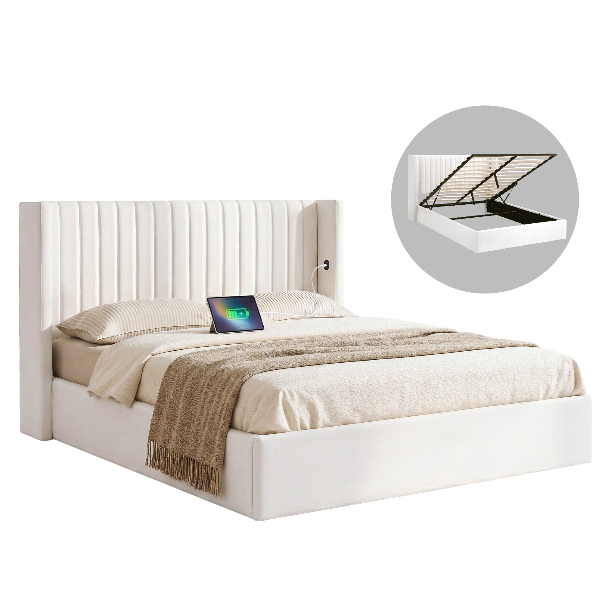 Queen Bed Frame with Gaslift Storage USB Type - C Charging Ports Velvet Upholstery White - Furniture > Bedroom > Beds & Bed Frames - Rivercity House & Home Co. (ABN 18 642 972 209) - Affordable Modern Furniture Australia