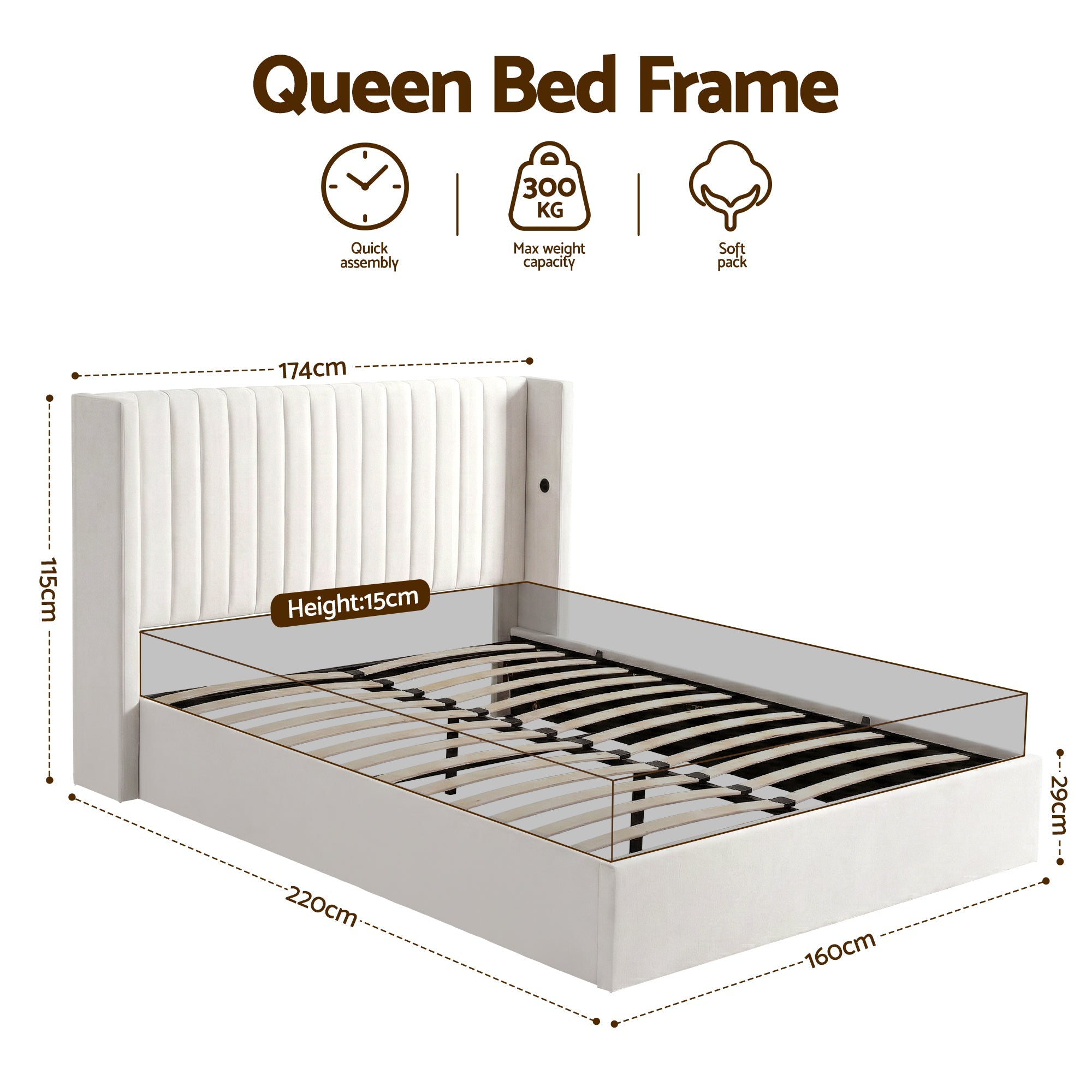 Queen Bed Frame with Gaslift Storage USB Type - C Charging Ports Velvet Upholstery White - Furniture > Bedroom > Beds & Bed Frames - Rivercity House & Home Co. (ABN 18 642 972 209) - Affordable Modern Furniture Australia