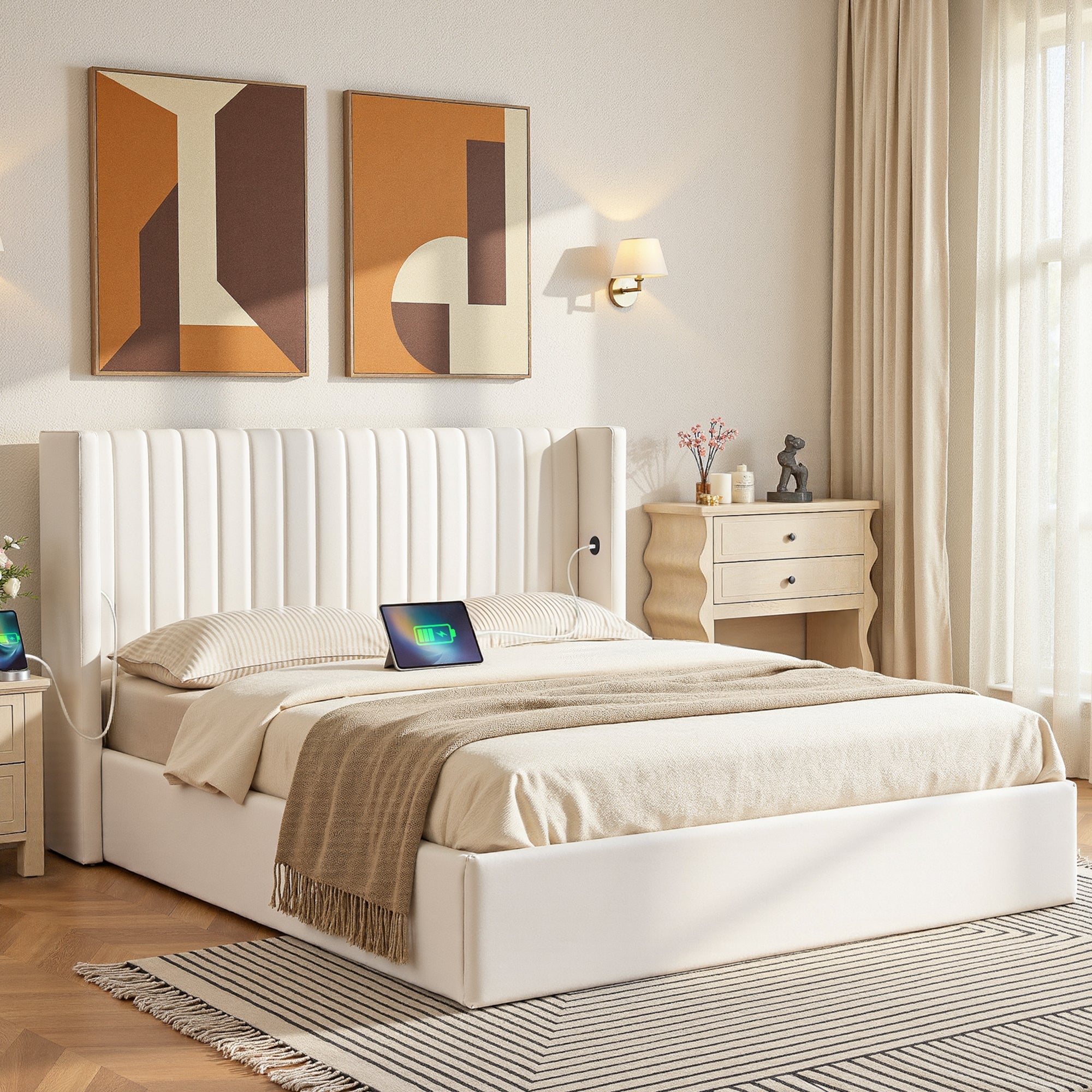 Queen Bed Frame with Gaslift Storage USB Type - C Charging Ports Velvet Upholstery White - Furniture > Bedroom > Beds & Bed Frames - Rivercity House & Home Co. (ABN 18 642 972 209) - Affordable Modern Furniture Australia