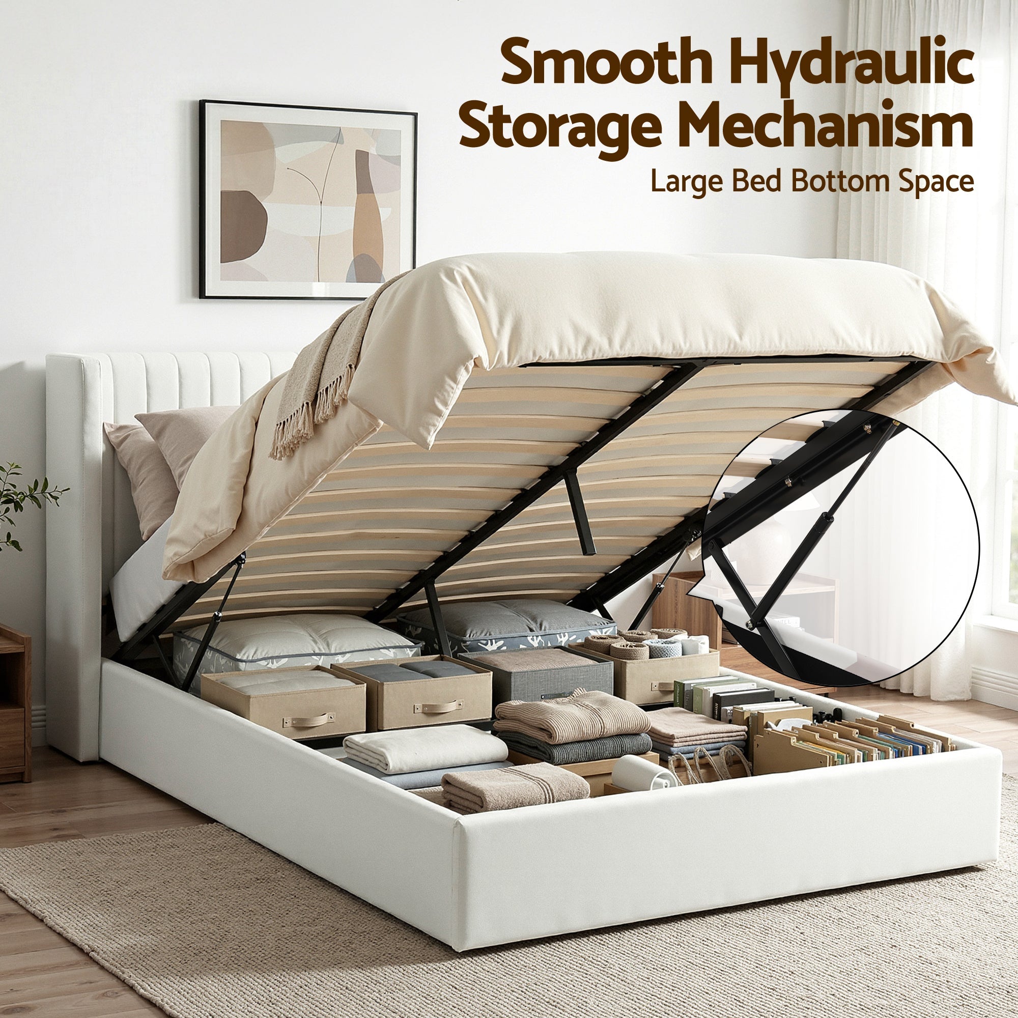 Queen Bed Frame with Gaslift Storage USB Type - C Charging Ports Velvet Upholstery White - Furniture > Bedroom > Beds & Bed Frames - Rivercity House & Home Co. (ABN 18 642 972 209) - Affordable Modern Furniture Australia