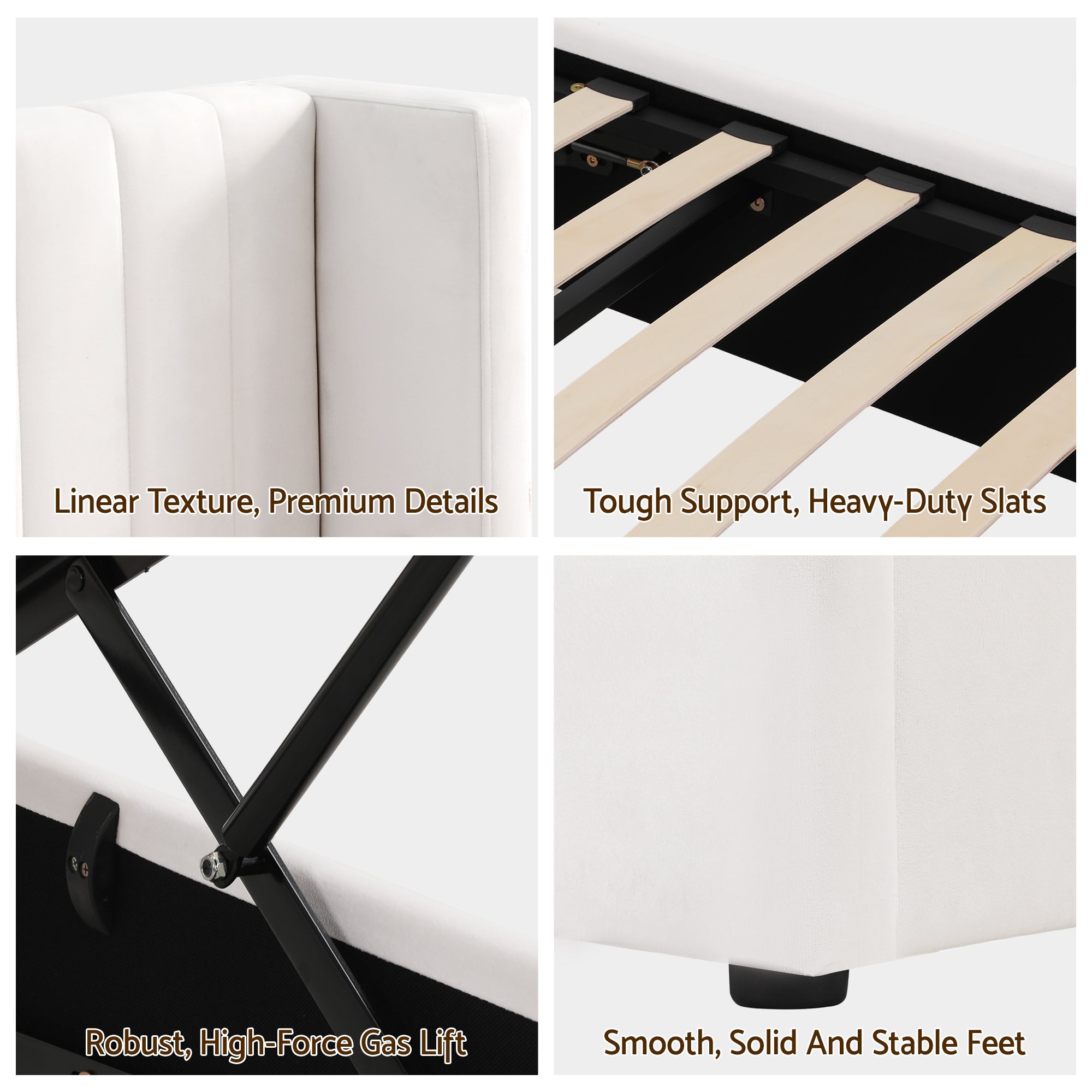 Queen Bed Frame with Gaslift Storage USB Type - C Charging Ports Velvet Upholstery White - Furniture > Bedroom > Beds & Bed Frames - Rivercity House & Home Co. (ABN 18 642 972 209) - Affordable Modern Furniture Australia