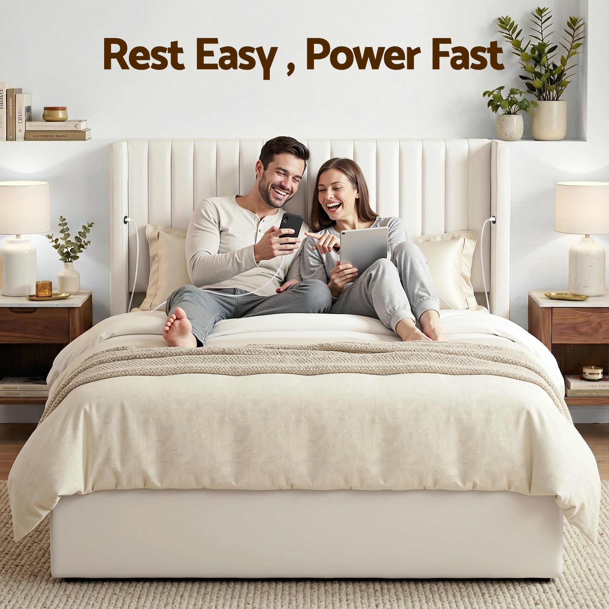 Queen Bed Frame with Gaslift Storage USB Type - C Charging Ports Velvet Upholstery White - Furniture > Bedroom > Beds & Bed Frames - Rivercity House & Home Co. (ABN 18 642 972 209) - Affordable Modern Furniture Australia