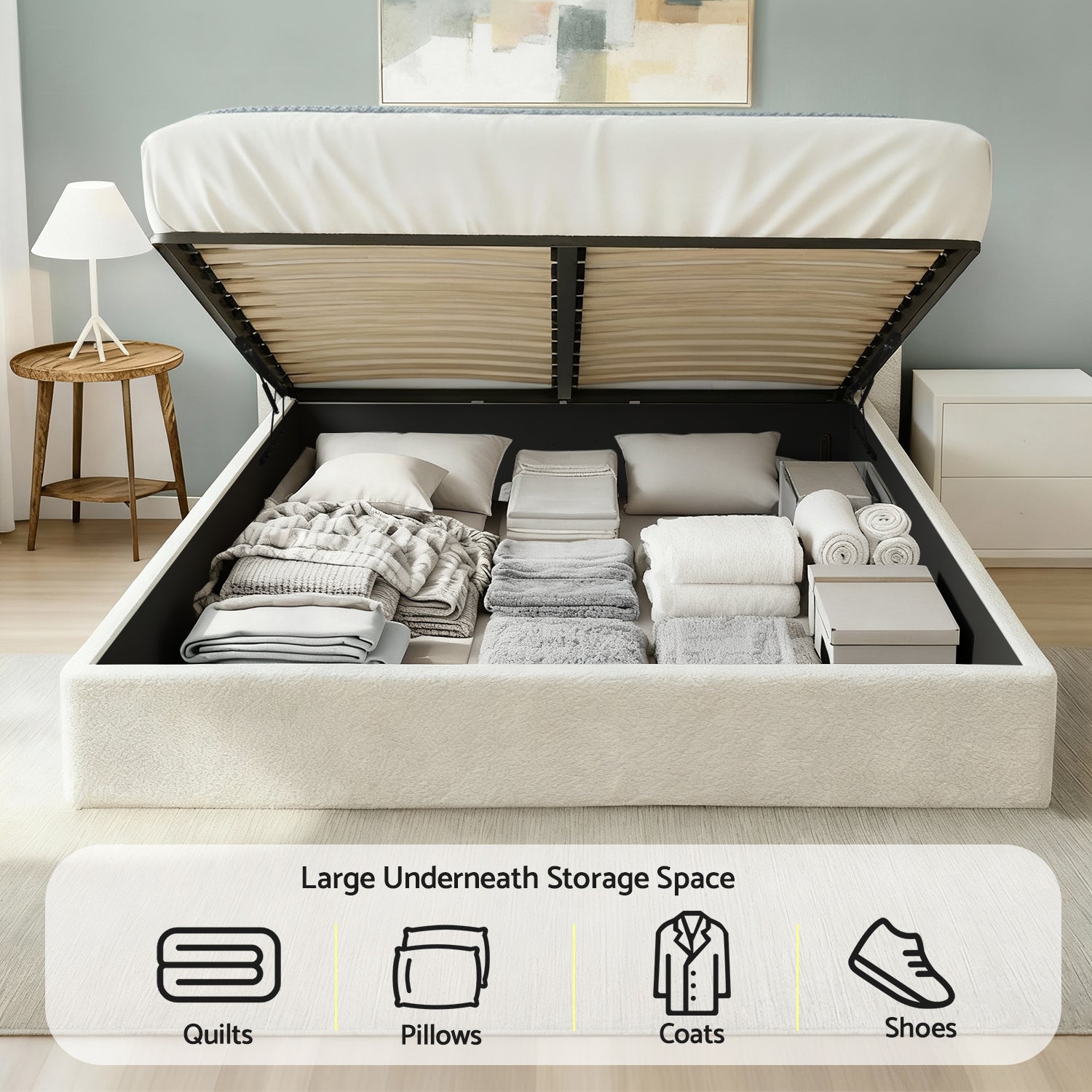Queen Bed Frame with Gaslift Storage Wooden Platform Mattress Base Boucle Upholstered White - Furniture > Bedroom > Beds & Bed Frames - Rivercity House & Home Co. (ABN 18 642 972 209) - Affordable Modern Furniture Australia
