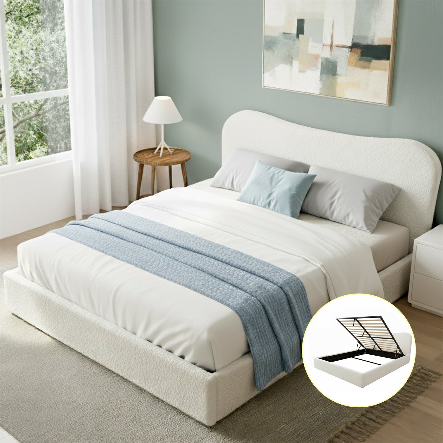 Queen Bed Frame with Gaslift Storage Wooden Platform Mattress Base Boucle Upholstered White - Furniture > Bedroom > Beds & Bed Frames - Rivercity House & Home Co. (ABN 18 642 972 209) - Affordable Modern Furniture Australia