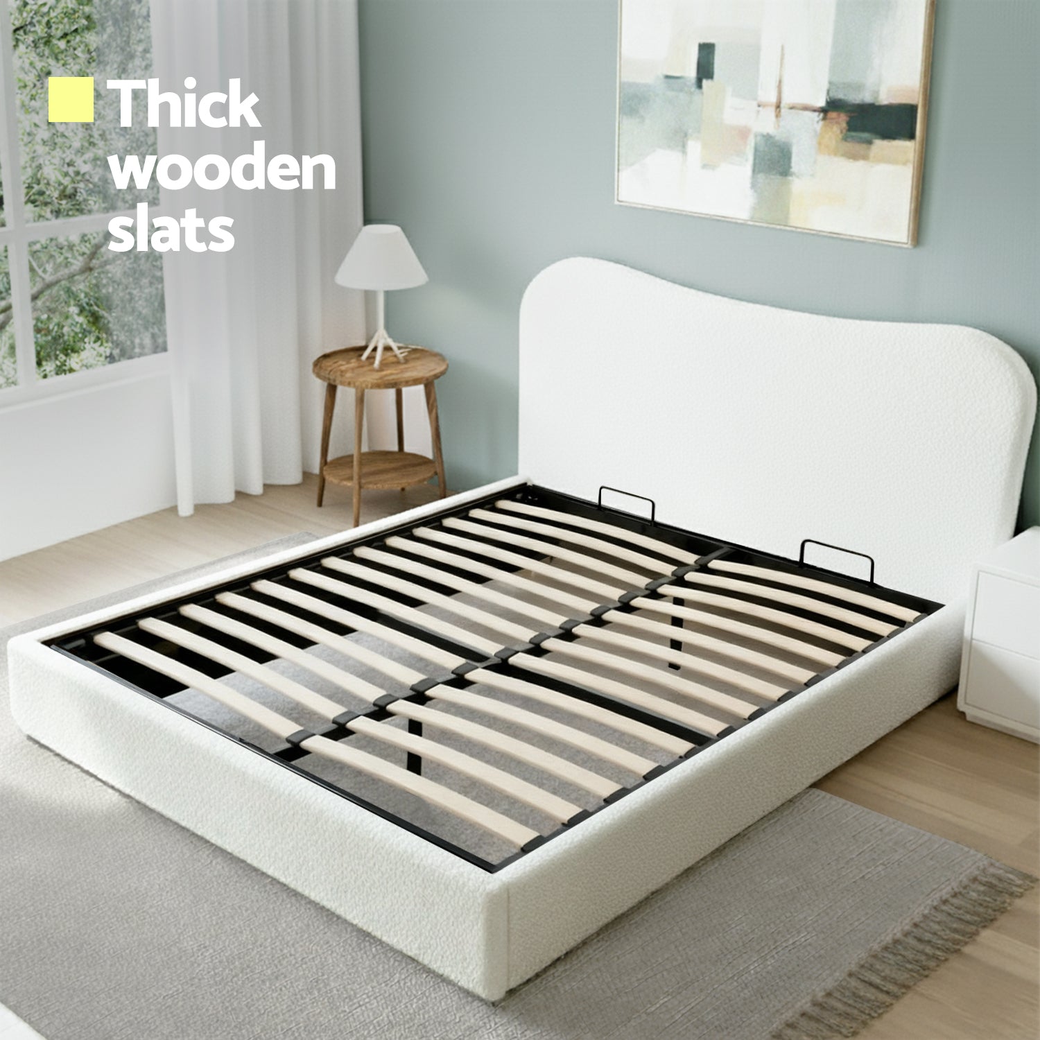 Queen Bed Frame with Gaslift Storage Wooden Platform Mattress Base Boucle Upholstered White - Furniture > Bedroom > Beds & Bed Frames - Rivercity House & Home Co. (ABN 18 642 972 209) - Affordable Modern Furniture Australia