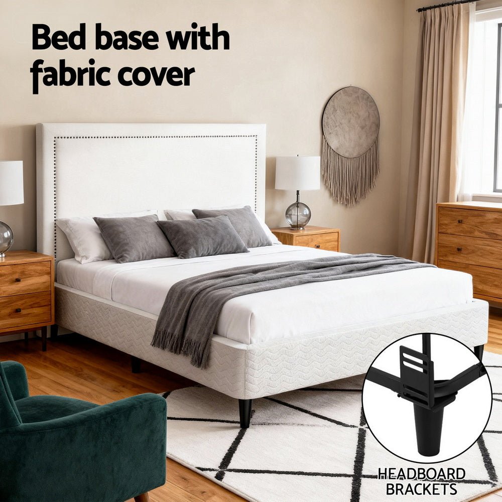 Queen Bed Frame with Headboard Platform Bed Base Grey Beige Fabric Metal - Furniture > Bedroom > Beds & Bed Frames - Rivercity House & Home Co. (ABN 18 642 972 209) - Affordable Modern Furniture Australia