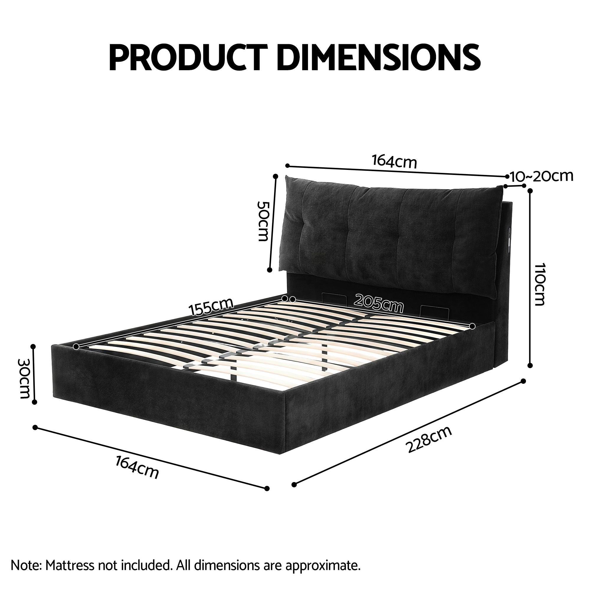 Queen Bed Frame with Horizontal Gas Lift Storage with LED Light USB Type - C Charging Station Black Velvet - Furniture > Bedroom > Beds & Bed Frames - Rivercity House & Home Co. (ABN 18 642 972 209) - Affordable Modern Furniture Australia