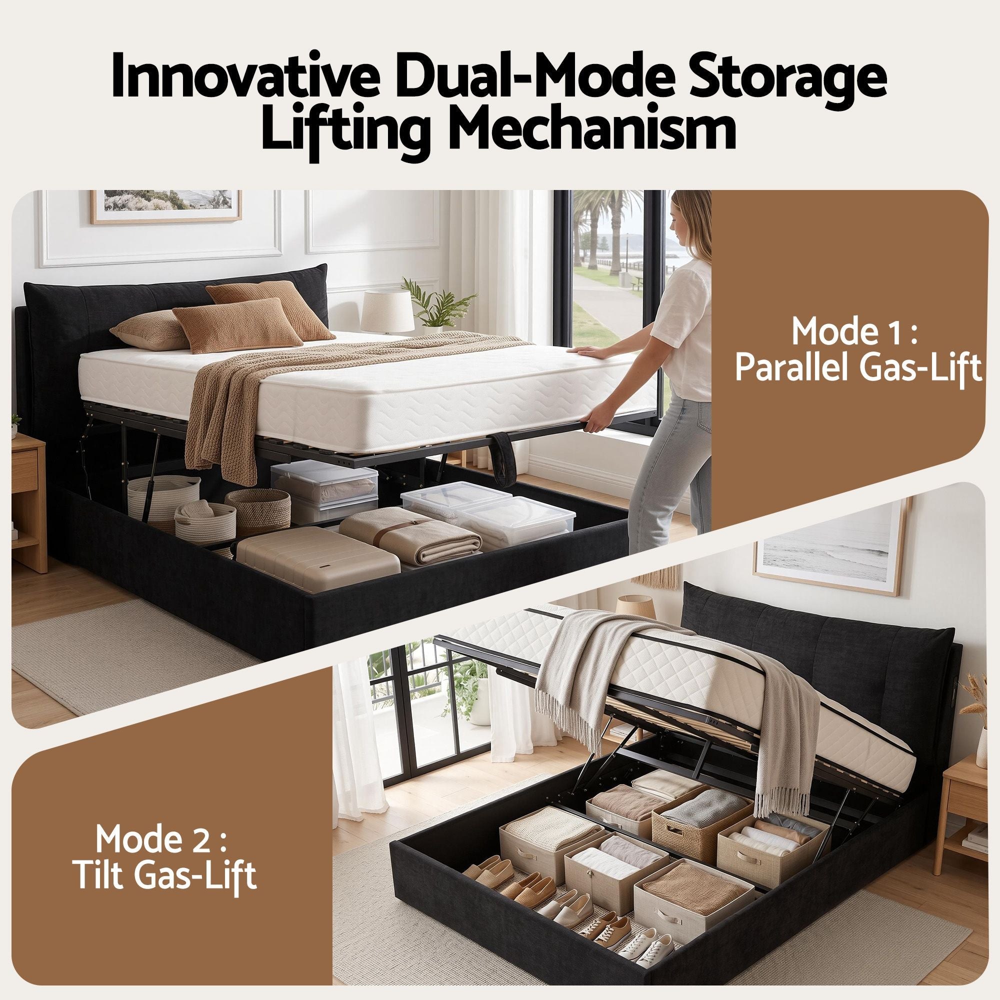 Queen Bed Frame with Horizontal Gas Lift Storage with LED Light USB Type - C Charging Station Black Velvet - Furniture > Bedroom > Beds & Bed Frames - Rivercity House & Home Co. (ABN 18 642 972 209) - Affordable Modern Furniture Australia
