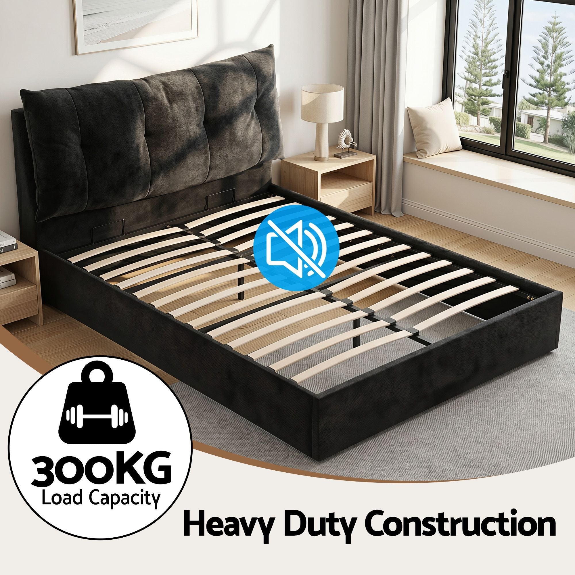 Queen Bed Frame with Horizontal Gas Lift Storage with LED Light USB Type - C Charging Station Black Velvet - Furniture > Bedroom > Beds & Bed Frames - Rivercity House & Home Co. (ABN 18 642 972 209) - Affordable Modern Furniture Australia