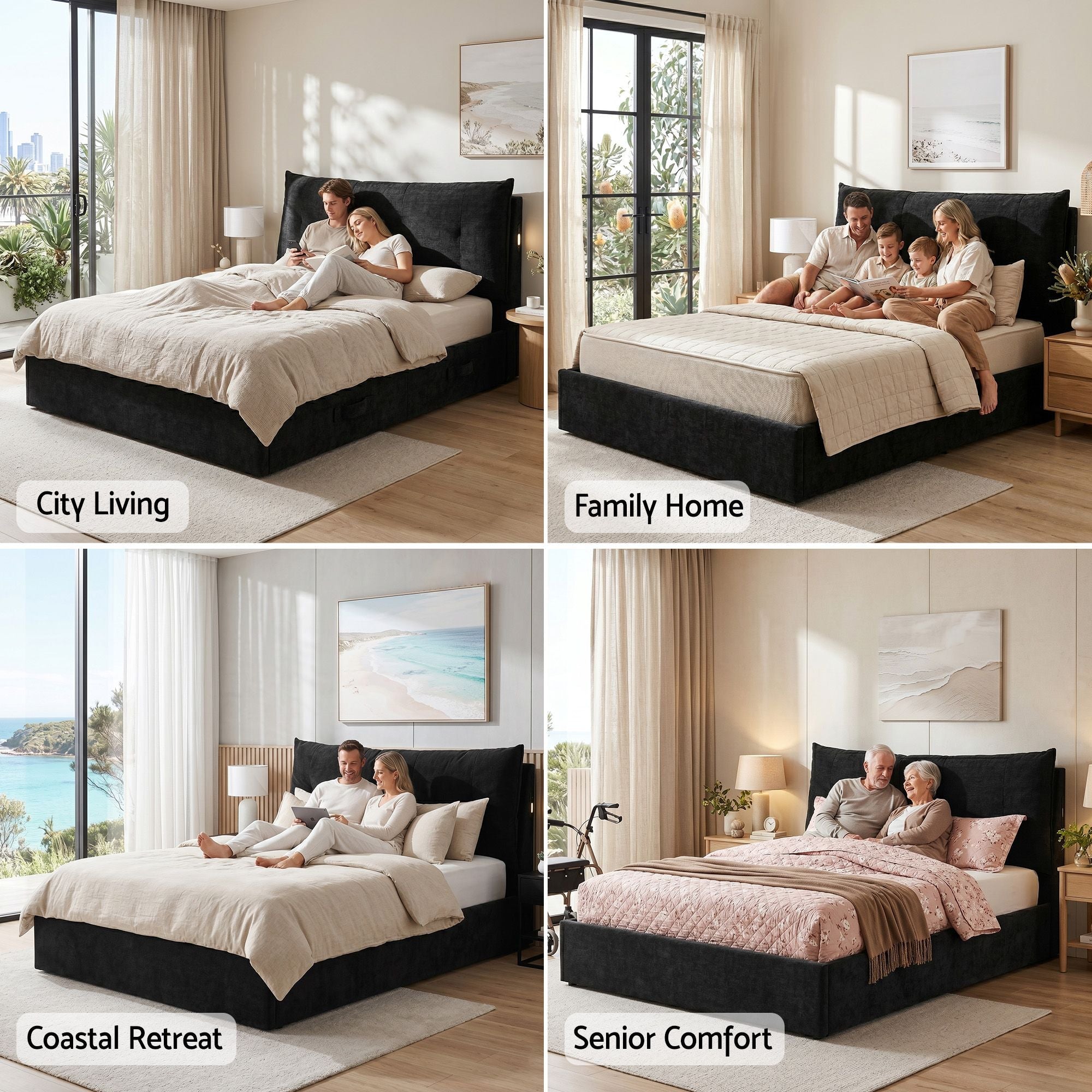 Queen Bed Frame with Horizontal Gas Lift Storage with LED Light USB Type - C Charging Station Black Velvet - Furniture > Bedroom > Beds & Bed Frames - Rivercity House & Home Co. (ABN 18 642 972 209) - Affordable Modern Furniture Australia