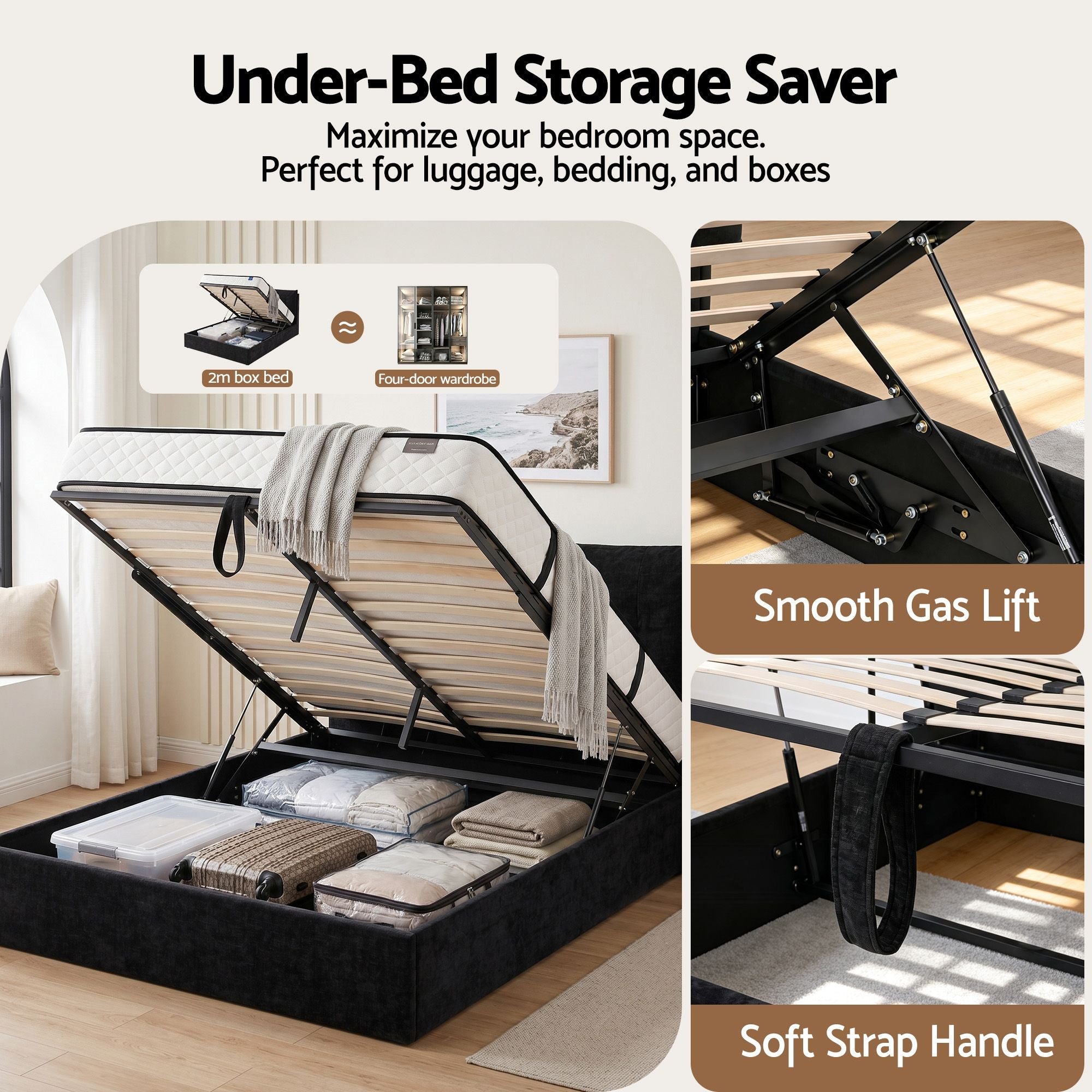 Queen Bed Frame with Horizontal Gas Lift Storage with LED Light USB Type - C Charging Station Black Velvet - Furniture > Bedroom > Beds & Bed Frames - Rivercity House & Home Co. (ABN 18 642 972 209) - Affordable Modern Furniture Australia