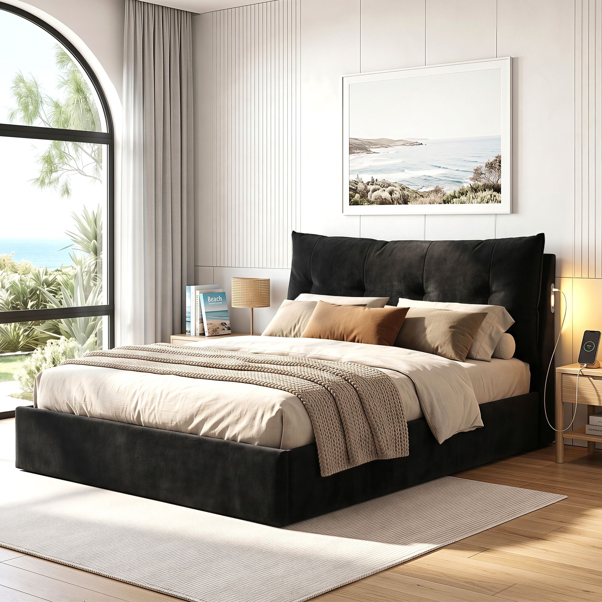 Queen Bed Frame with Horizontal Gas Lift Storage with LED Light USB Type - C Charging Station Black Velvet - Furniture > Bedroom > Beds & Bed Frames - Rivercity House & Home Co. (ABN 18 642 972 209) - Affordable Modern Furniture Australia