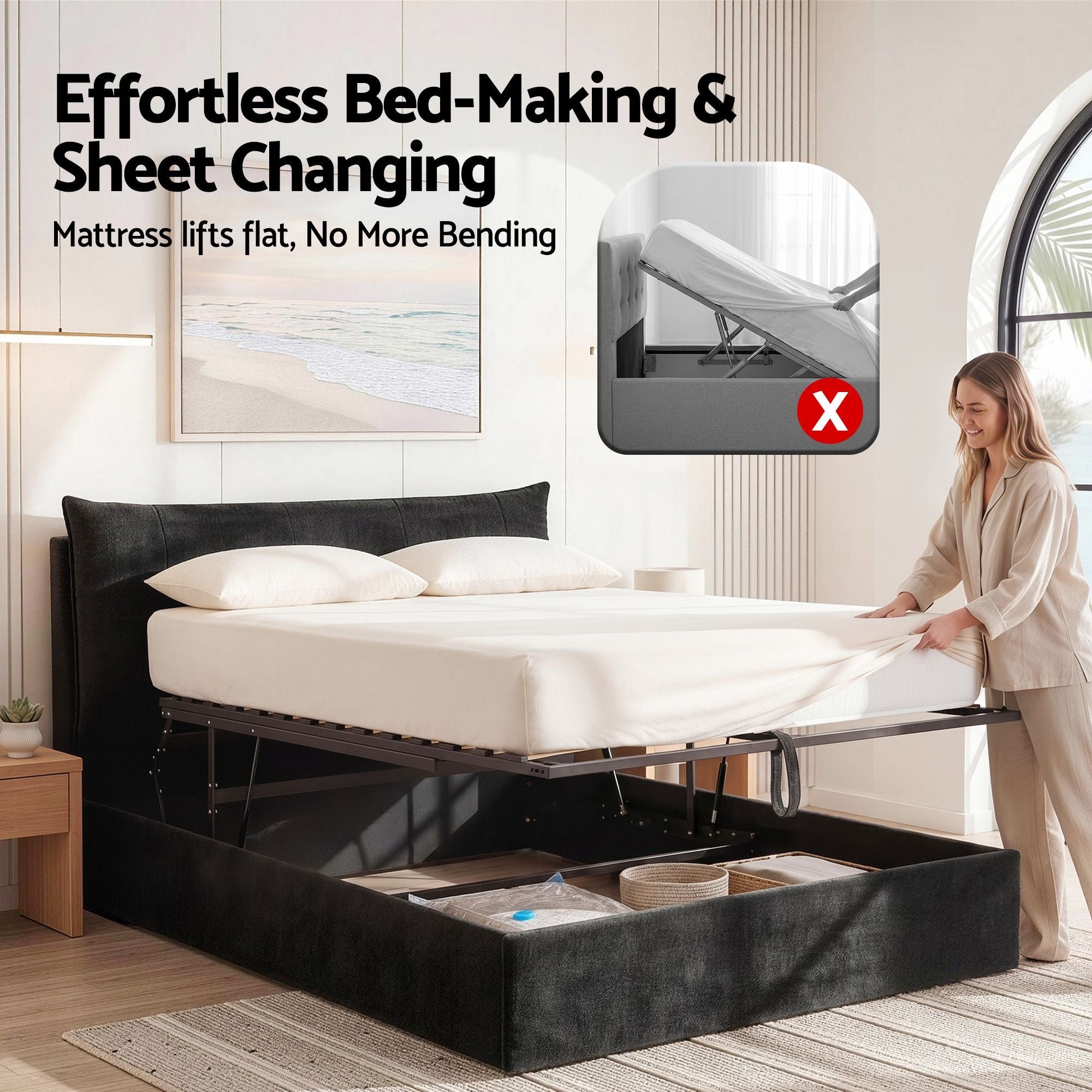 Queen Bed Frame with Horizontal Gas Lift Storage with LED Light USB Type - C Charging Station Black Velvet - Furniture > Bedroom > Beds & Bed Frames - Rivercity House & Home Co. (ABN 18 642 972 209) - Affordable Modern Furniture Australia