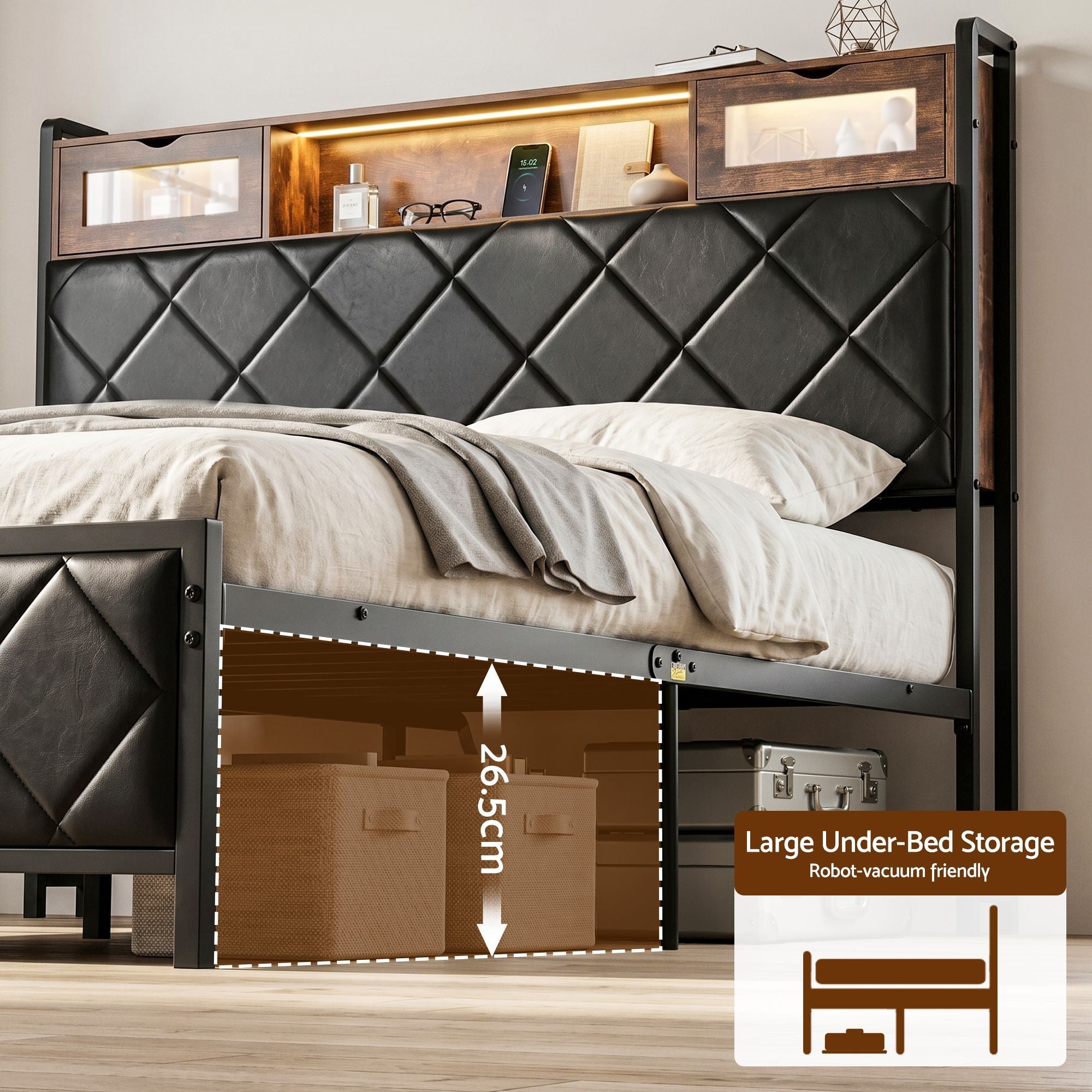 Queen Bed Frame with LED Lights and Storage Headboard Charging Station - Furniture > Bedroom > Beds & Bed Frames - Rivercity House & Home Co. (ABN 18 642 972 209) - Affordable Modern Furniture Australia