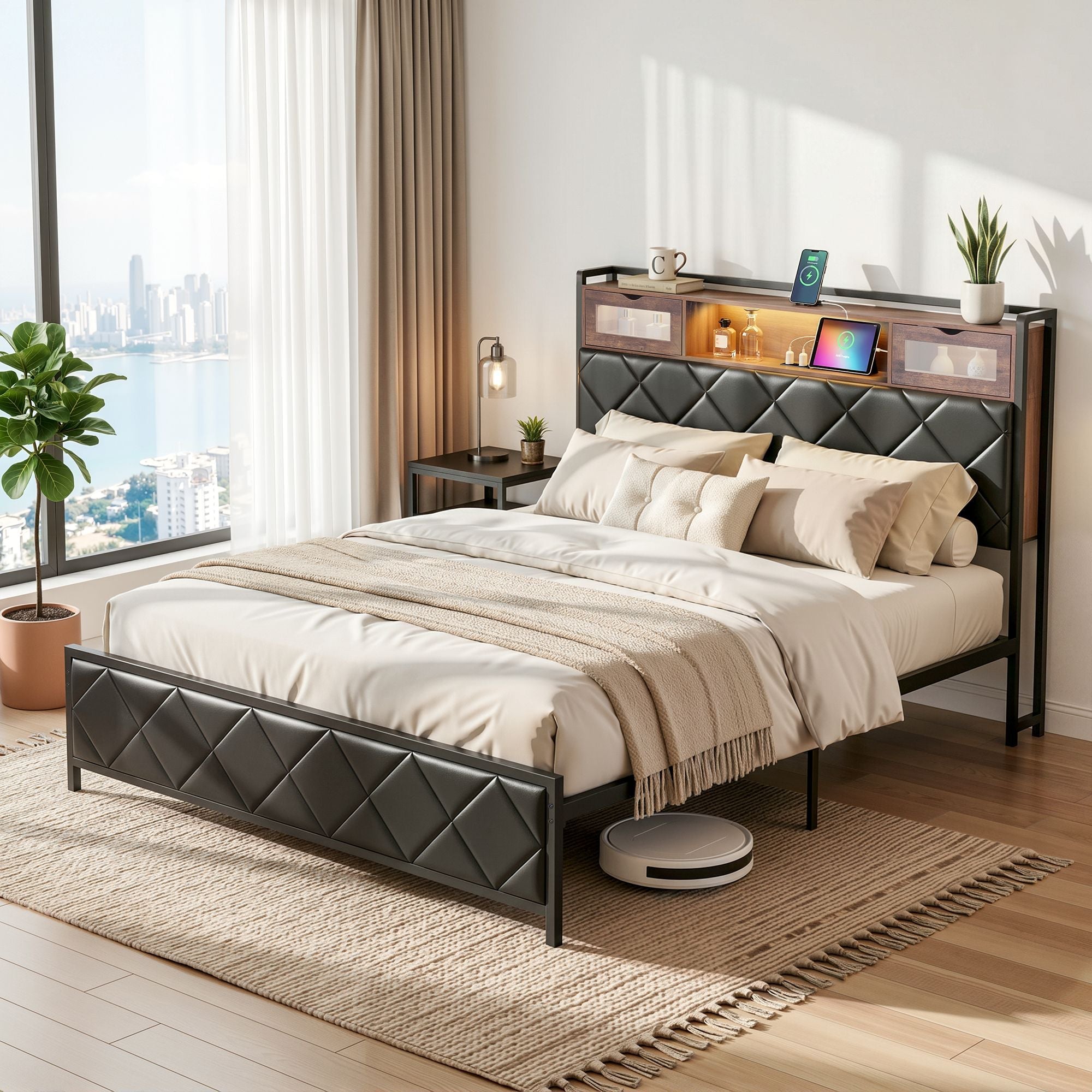 Queen Bed Frame with LED Lights and Storage Headboard Charging Station - Furniture > Bedroom > Beds & Bed Frames - Rivercity House & Home Co. (ABN 18 642 972 209) - Affordable Modern Furniture Australia