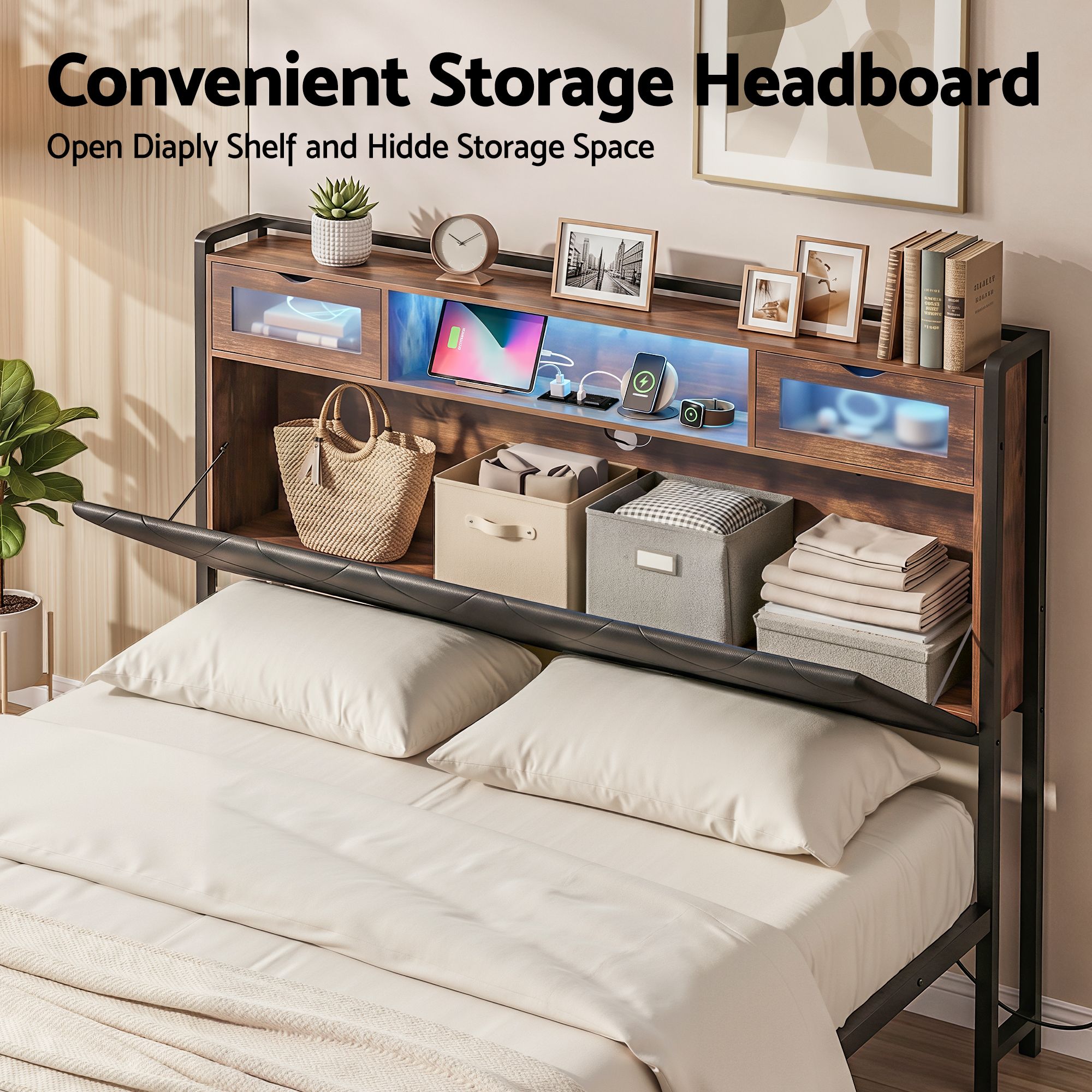 Queen Bed Frame with LED Lights and Storage Headboard Charging Station - Furniture > Bedroom > Beds & Bed Frames - Rivercity House & Home Co. (ABN 18 642 972 209) - Affordable Modern Furniture Australia