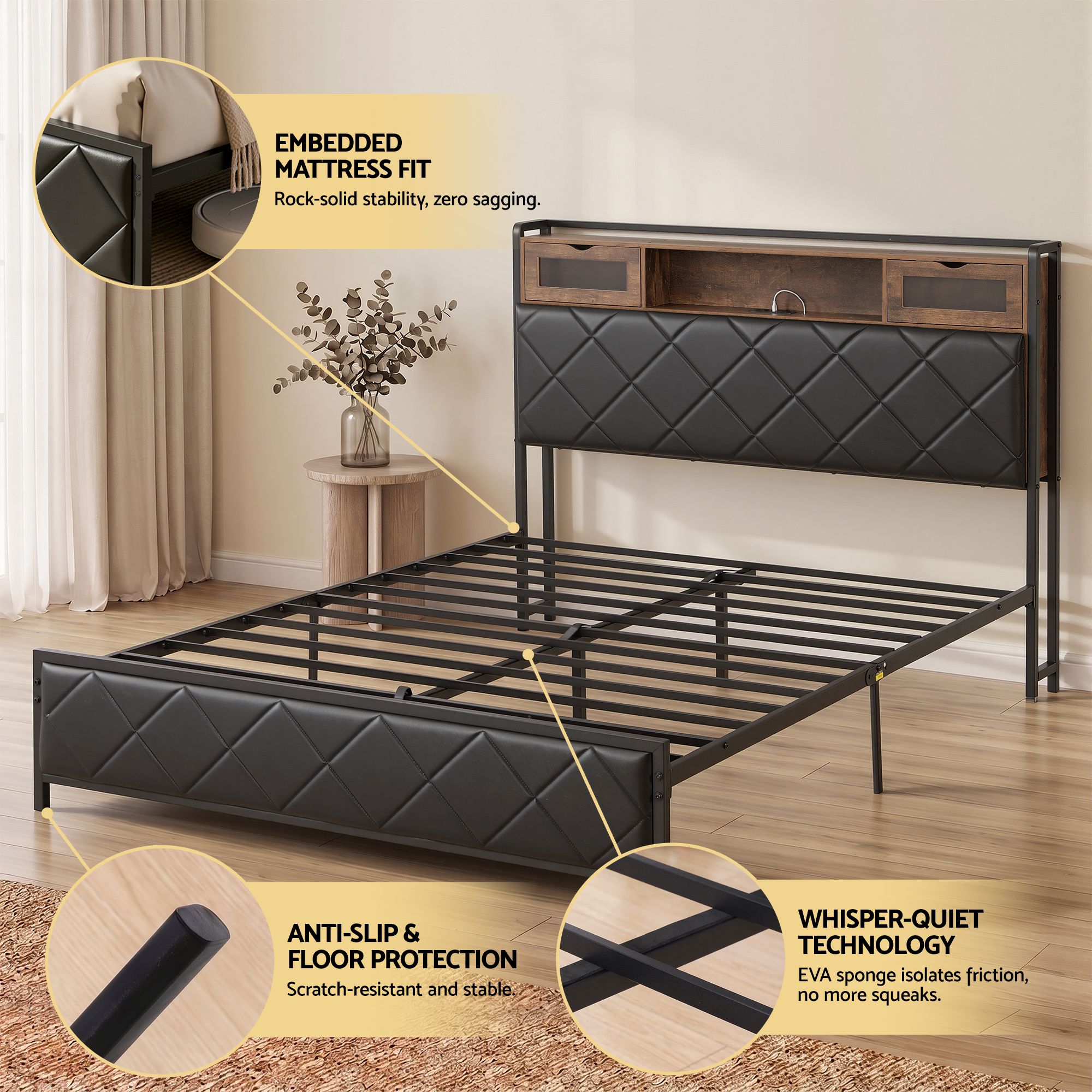 Queen Bed Frame with LED Lights and Storage Headboard Charging Station - Furniture > Bedroom > Beds & Bed Frames - Rivercity House & Home Co. (ABN 18 642 972 209) - Affordable Modern Furniture Australia