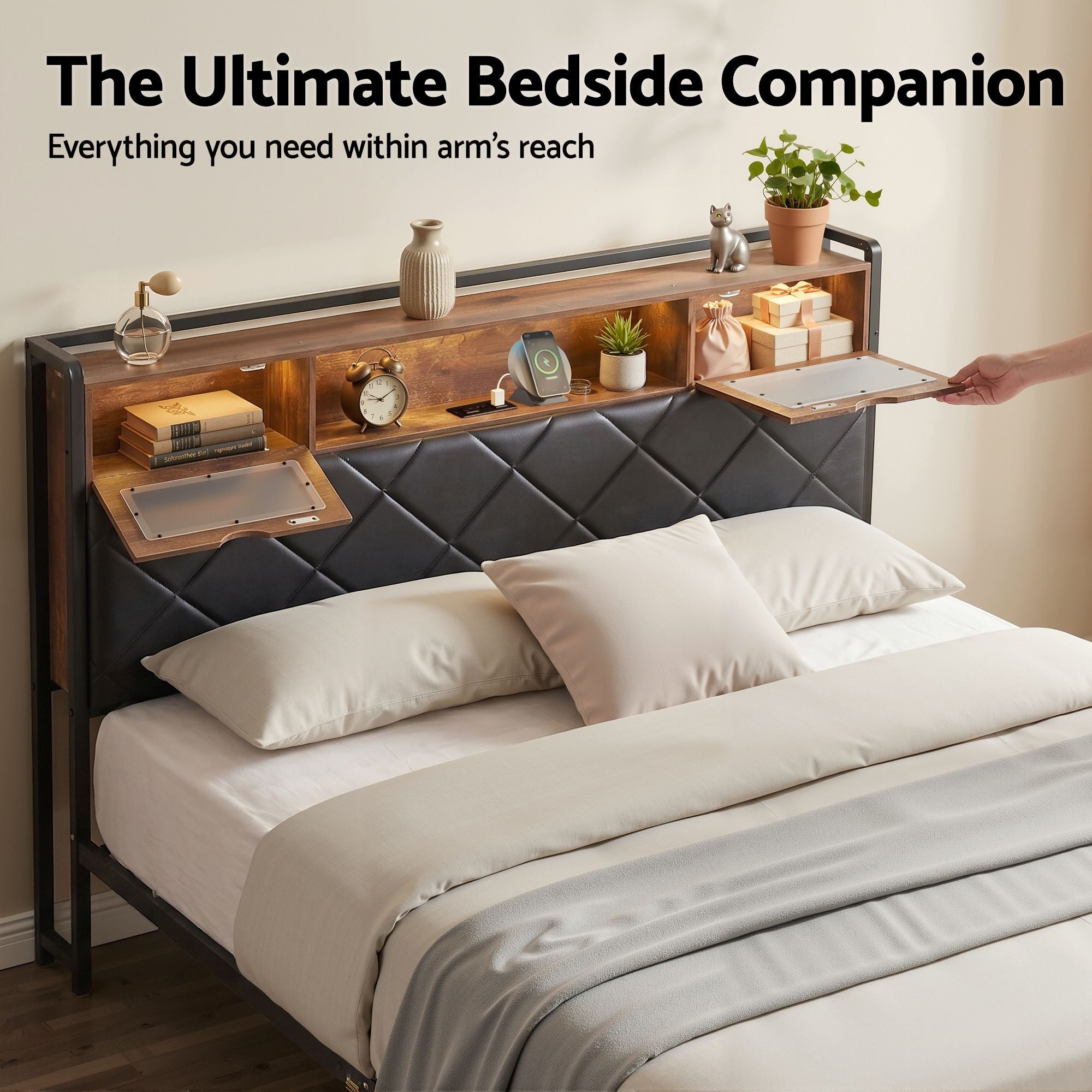Queen Bed Frame with LED Lights and Storage Headboard Charging Station - Furniture > Bedroom > Beds & Bed Frames - Rivercity House & Home Co. (ABN 18 642 972 209) - Affordable Modern Furniture Australia