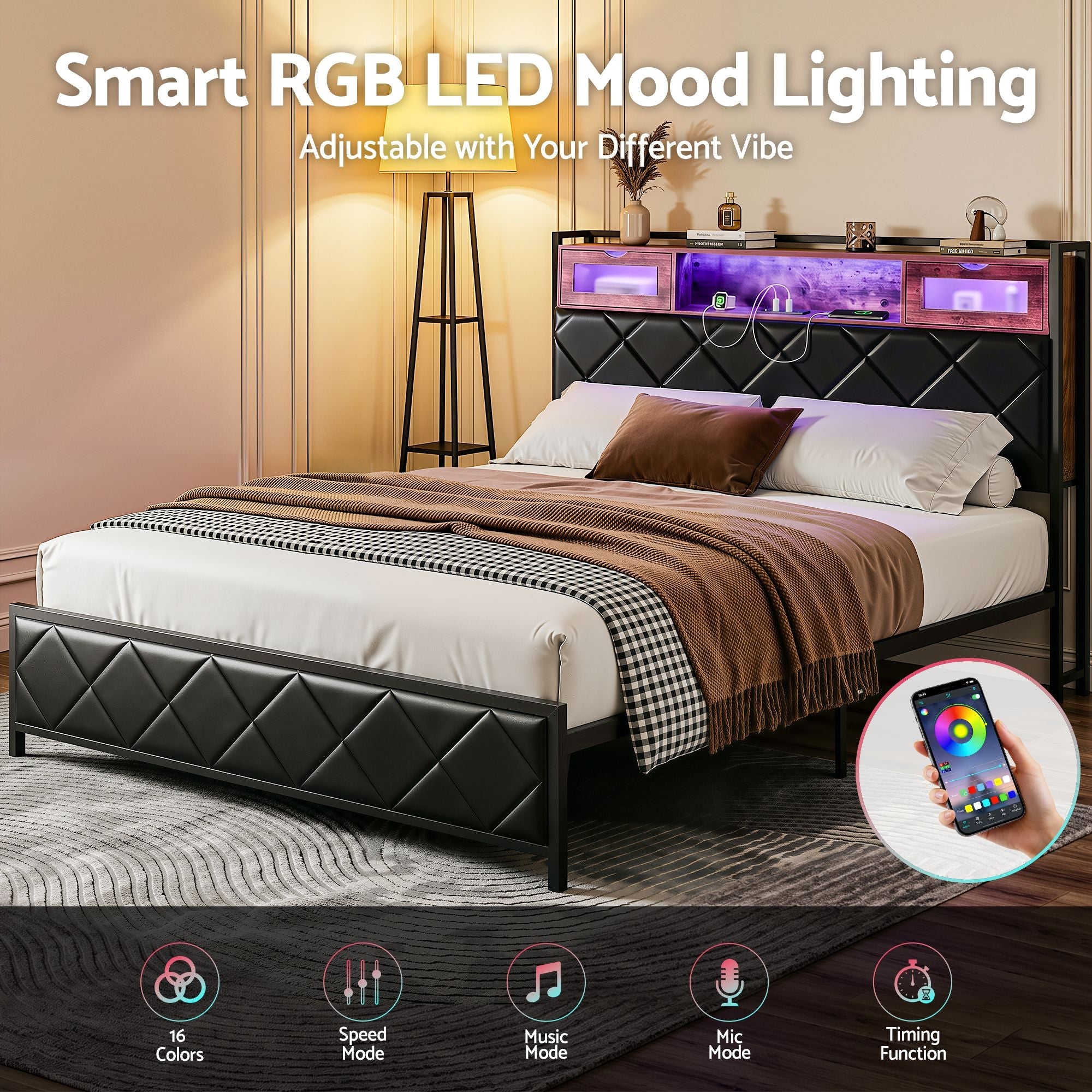 Queen Bed Frame with LED Lights and Storage Headboard Charging Station - Furniture > Bedroom > Beds & Bed Frames - Rivercity House & Home Co. (ABN 18 642 972 209) - Affordable Modern Furniture Australia