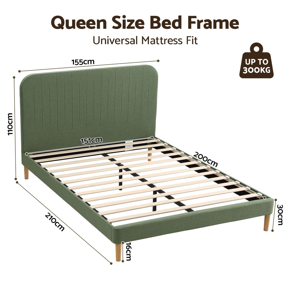 Queen Bed Frame with Padded Headboard, 300kg Capacity - Green Fabric - Furniture > Bedroom > Beds & Bed Frames - Rivercity House & Home Co. (ABN 18 642 972 209) - Affordable Modern Furniture Australia