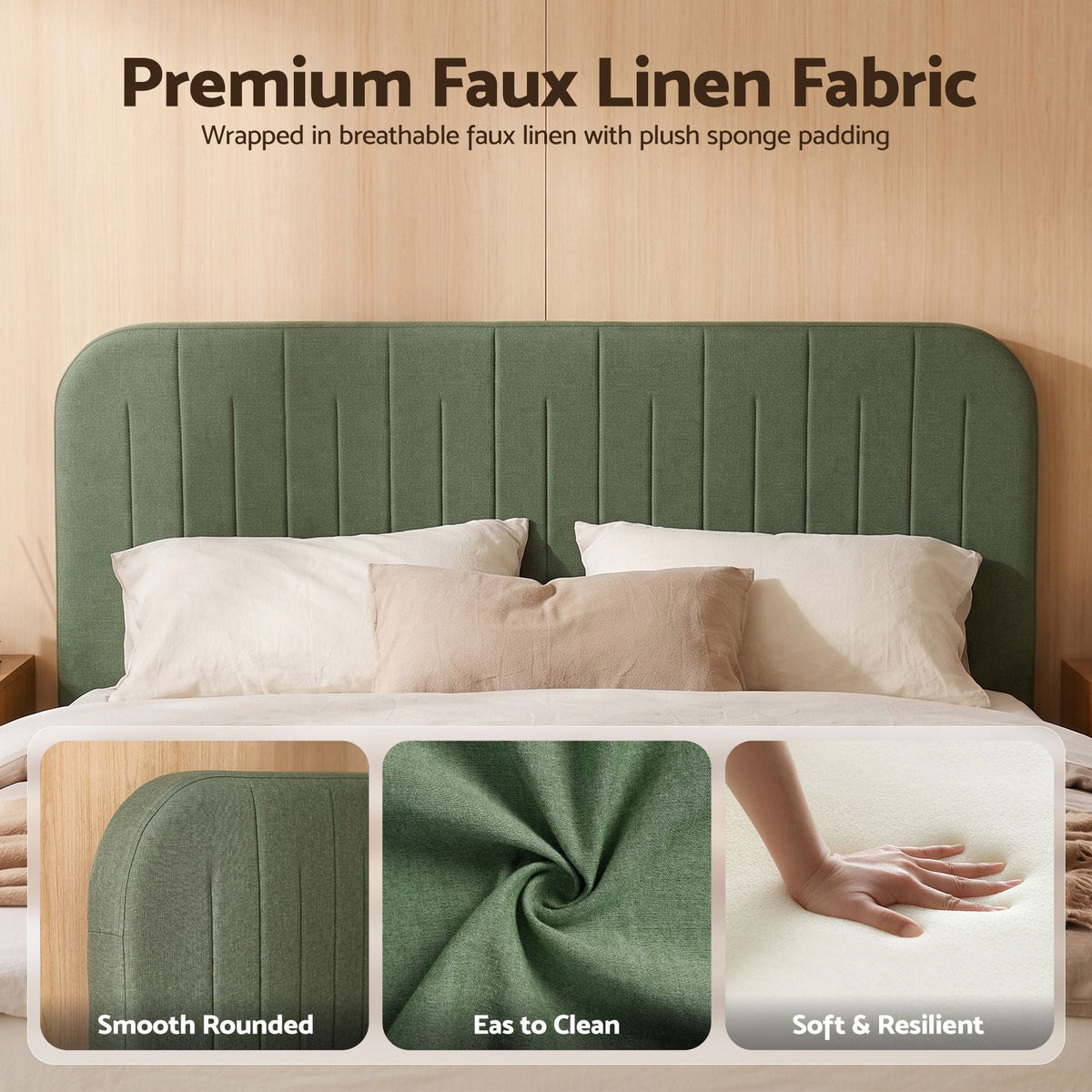 Queen Bed Frame with Padded Headboard, 300kg Capacity - Green Fabric - Furniture > Bedroom > Beds & Bed Frames - Rivercity House & Home Co. (ABN 18 642 972 209) - Affordable Modern Furniture Australia