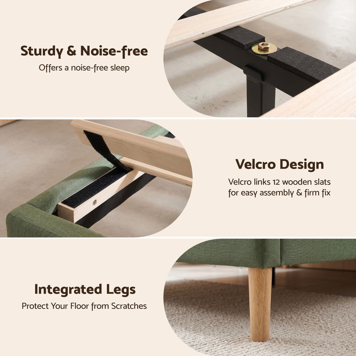 Queen Bed Frame with Padded Headboard, 300kg Capacity - Green Fabric - Furniture > Bedroom > Beds & Bed Frames - Rivercity House & Home Co. (ABN 18 642 972 209) - Affordable Modern Furniture Australia