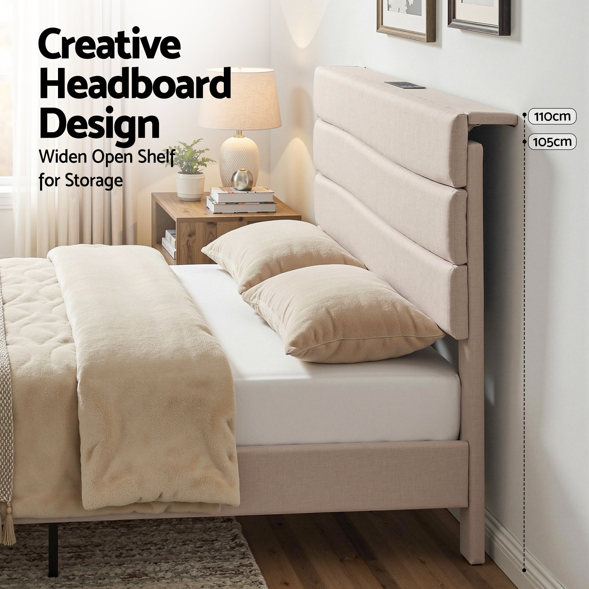 Queen Bed Frame with Storage Adjustable Headboard Platform Base Linen Fabric Charging Ports - Furniture > Bedroom > Beds & Bed Frames - Rivercity House & Home Co. (ABN 18 642 972 209) - Affordable Modern Furniture Australia
