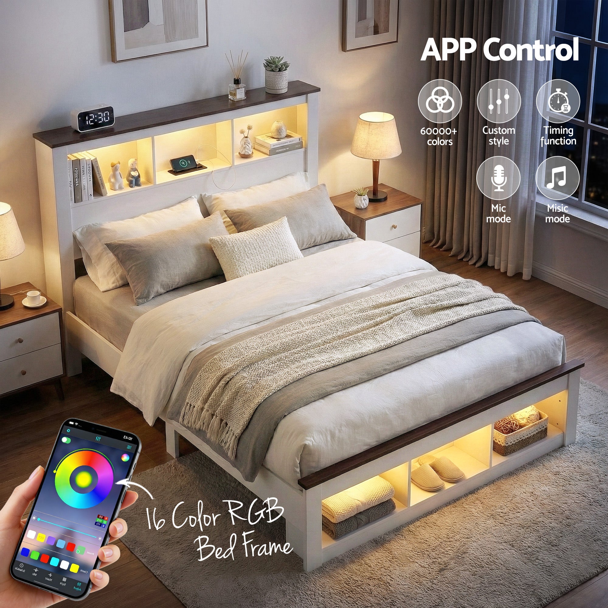 Queen Bed Frame with Storage Bookcase Headboard and Footboard White Wooden Platform Bed with Charging Station and Led Light Bedroom Furniture - Furniture > Living Room > TV Units - Rivercity House & Home Co. (ABN 18 642 972 209) - Affordable Modern Furniture Australia