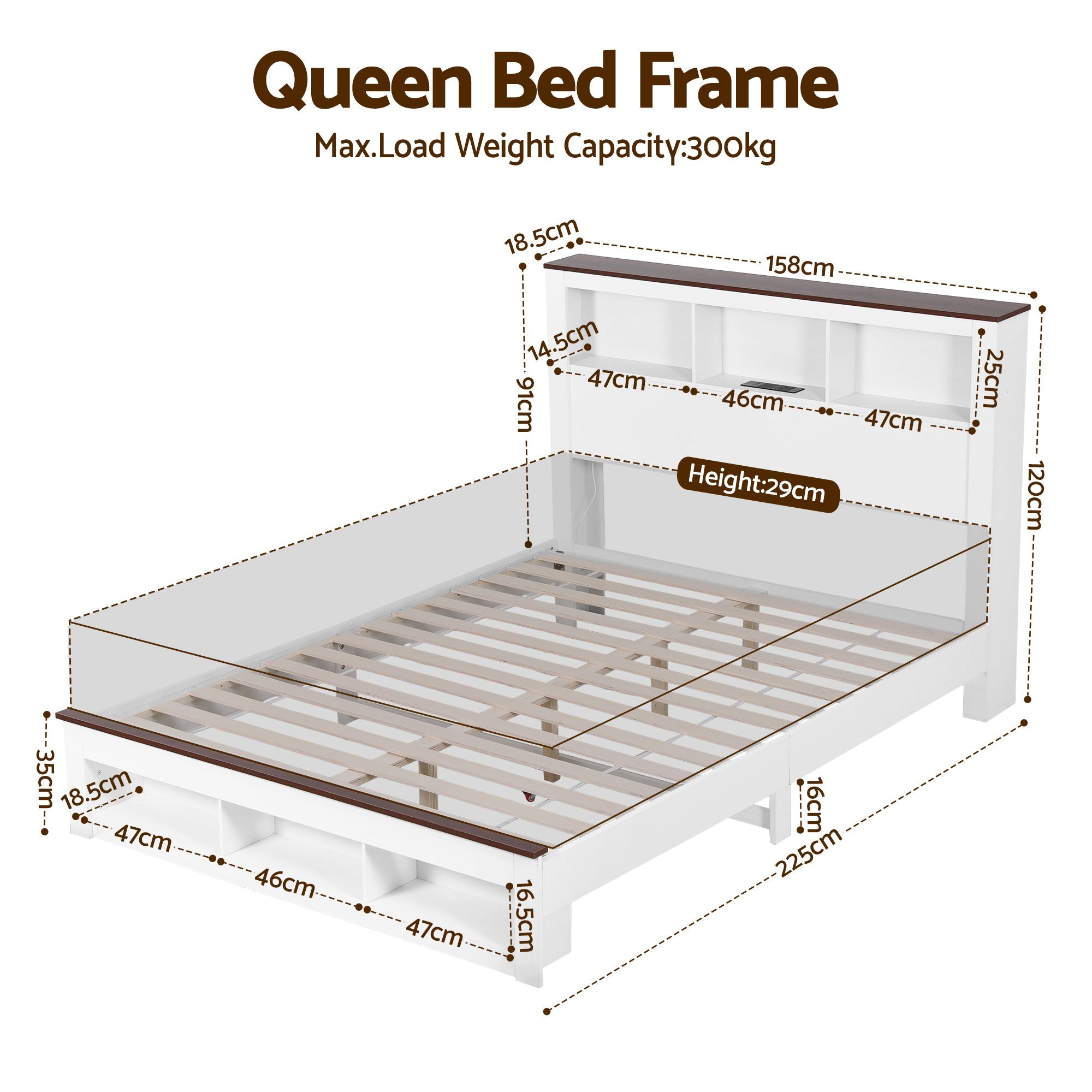 Queen Bed Frame with Storage Bookcase Headboard and Footboard White Wooden Platform Bed with Charging Station and Led Light Bedroom Furniture - Furniture > Living Room > TV Units - Rivercity House & Home Co. (ABN 18 642 972 209) - Affordable Modern Furniture Australia