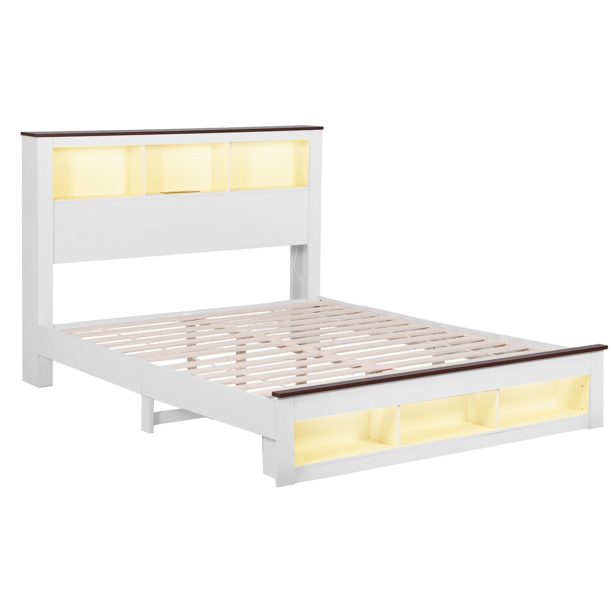 Queen Bed Frame with Storage Bookcase Headboard and Footboard White Wooden Platform Bed with Charging Station and Led Light Bedroom Furniture - Furniture > Living Room > TV Units - Rivercity House & Home Co. (ABN 18 642 972 209) - Affordable Modern Furniture Australia