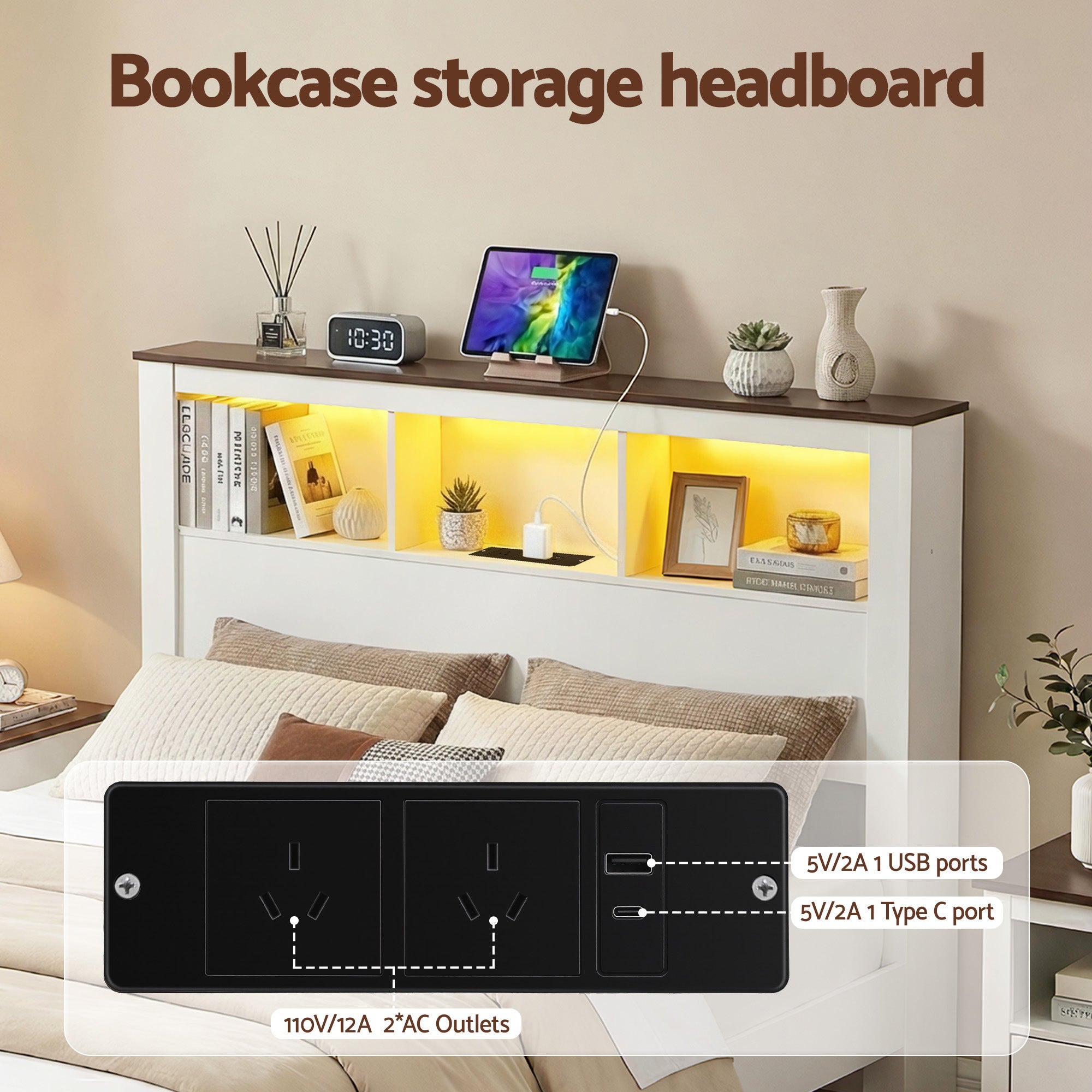 Queen Bed Frame with Storage Bookcase Headboard and Footboard White Wooden Platform Bed with Charging Station and Led Light Bedroom Furniture - Furniture > Living Room > TV Units - Rivercity House & Home Co. (ABN 18 642 972 209) - Affordable Modern Furniture Australia