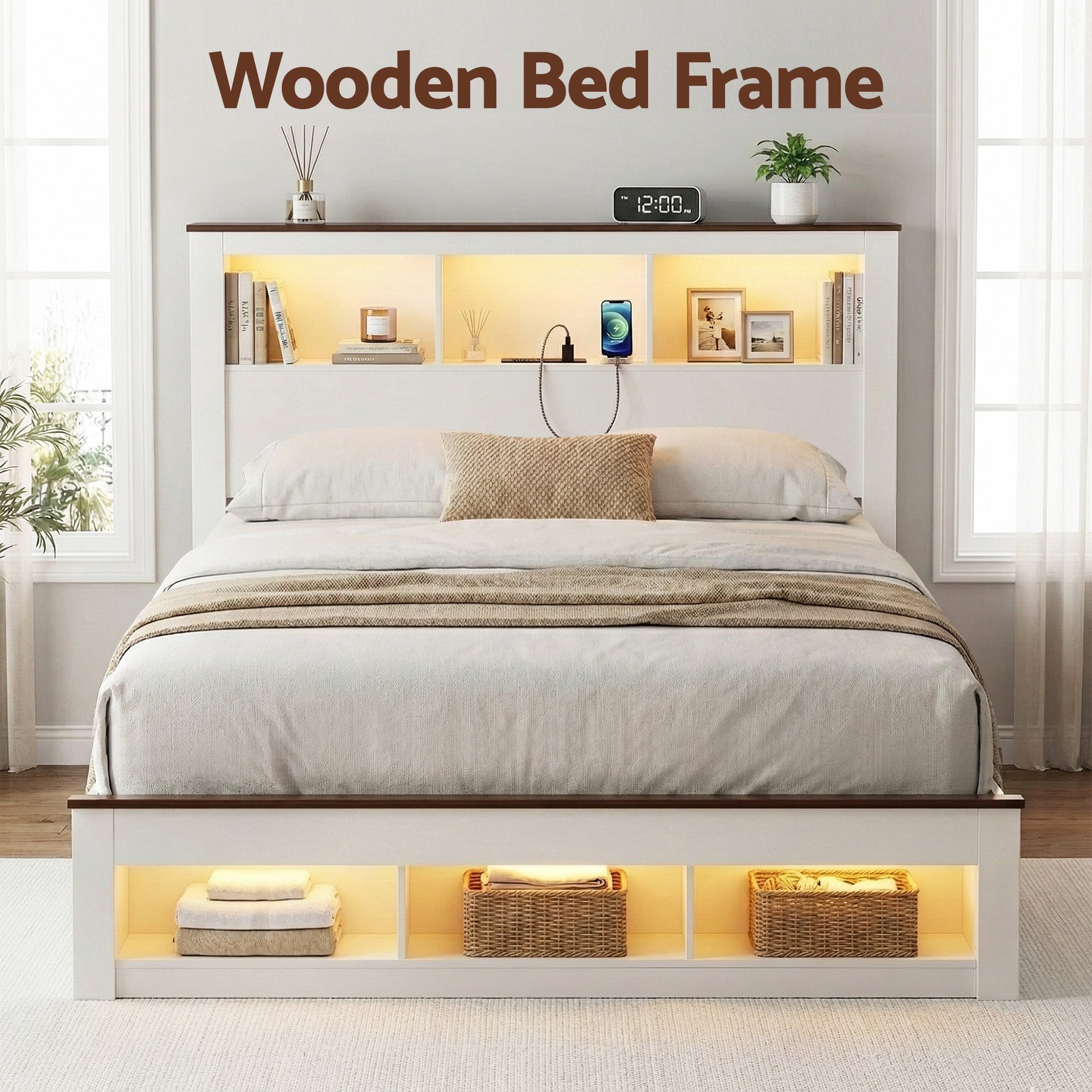 Queen Bed Frame with Storage Bookcase Headboard and Footboard White Wooden Platform Bed with Charging Station and Led Light Bedroom Furniture - Furniture > Living Room > TV Units - Rivercity House & Home Co. (ABN 18 642 972 209) - Affordable Modern Furniture Australia
