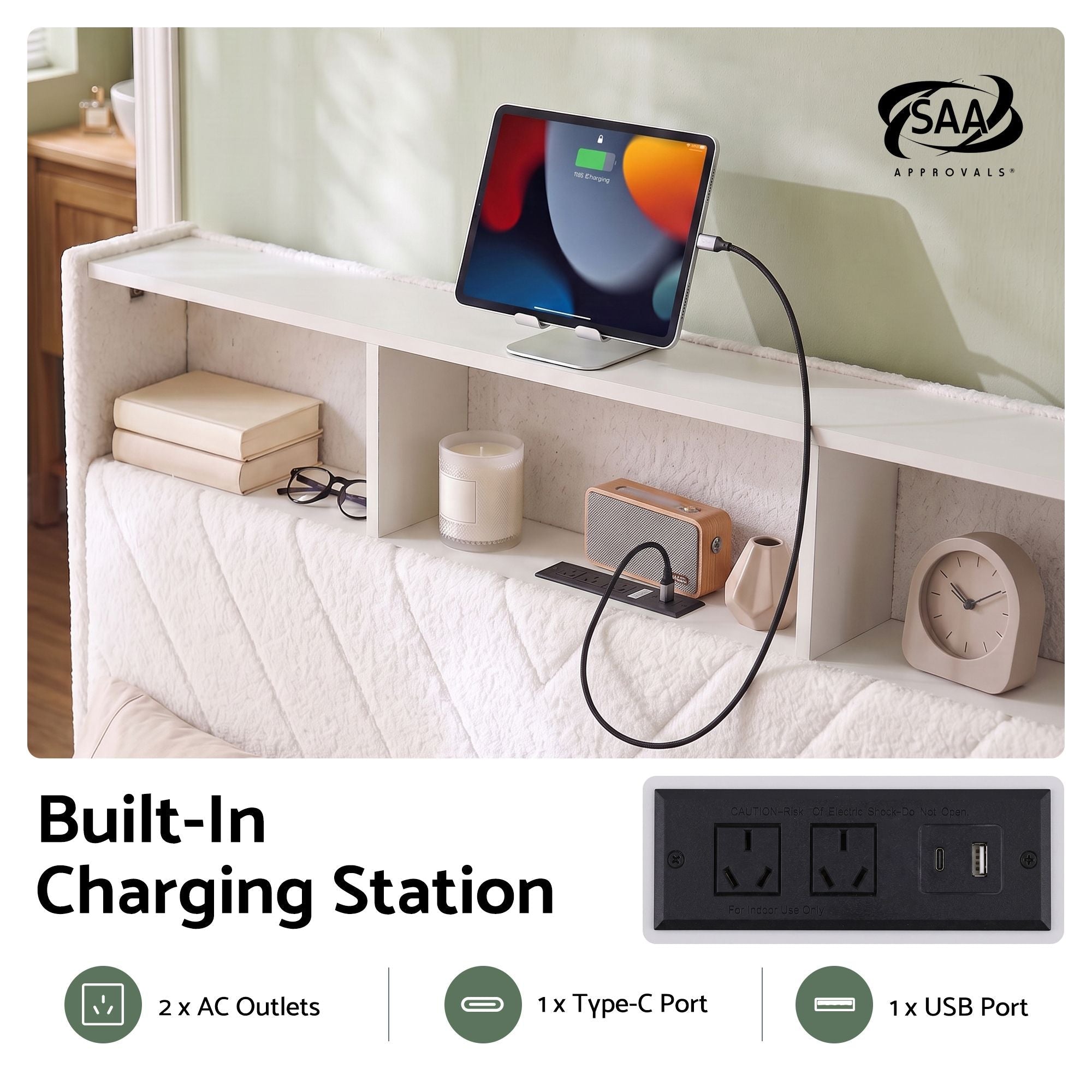 Queen Bed Frame with Storage, Charging Station, and LED Lighting - White - Furniture > Bedroom > Beds & Bed Frames - Rivercity House & Home Co. (ABN 18 642 972 209) - Affordable Modern Furniture Australia