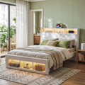 Queen Bed Frame with Storage, Charging Station, and LED Lighting - White