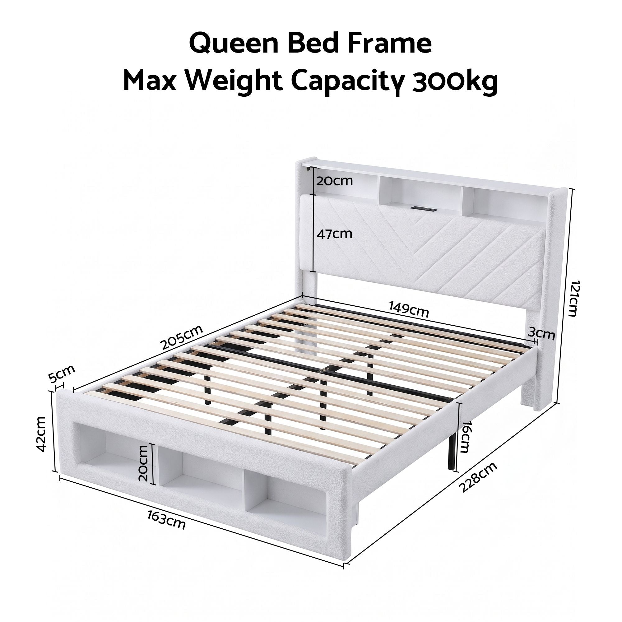 Queen Bed Frame with Storage, Charging Station, and LED Lighting - White - Furniture > Bedroom > Beds & Bed Frames - Rivercity House & Home Co. (ABN 18 642 972 209) - Affordable Modern Furniture Australia