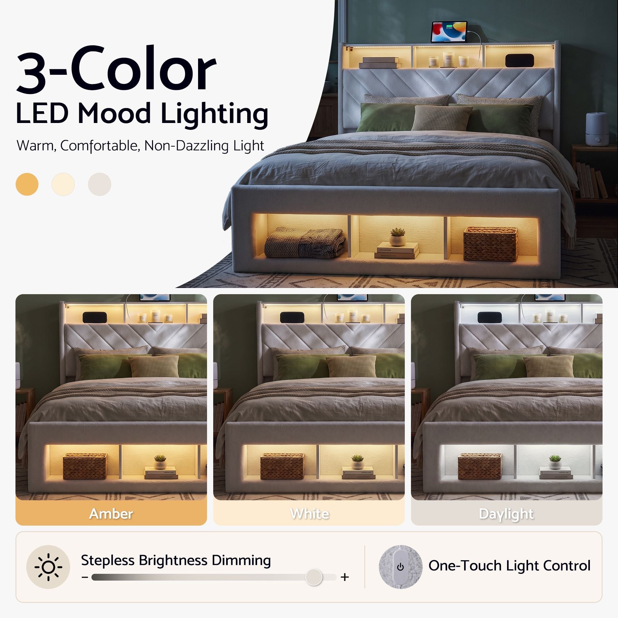 Queen Bed Frame with Storage, Charging Station, and LED Lighting - White - Furniture > Bedroom > Beds & Bed Frames - Rivercity House & Home Co. (ABN 18 642 972 209) - Affordable Modern Furniture Australia