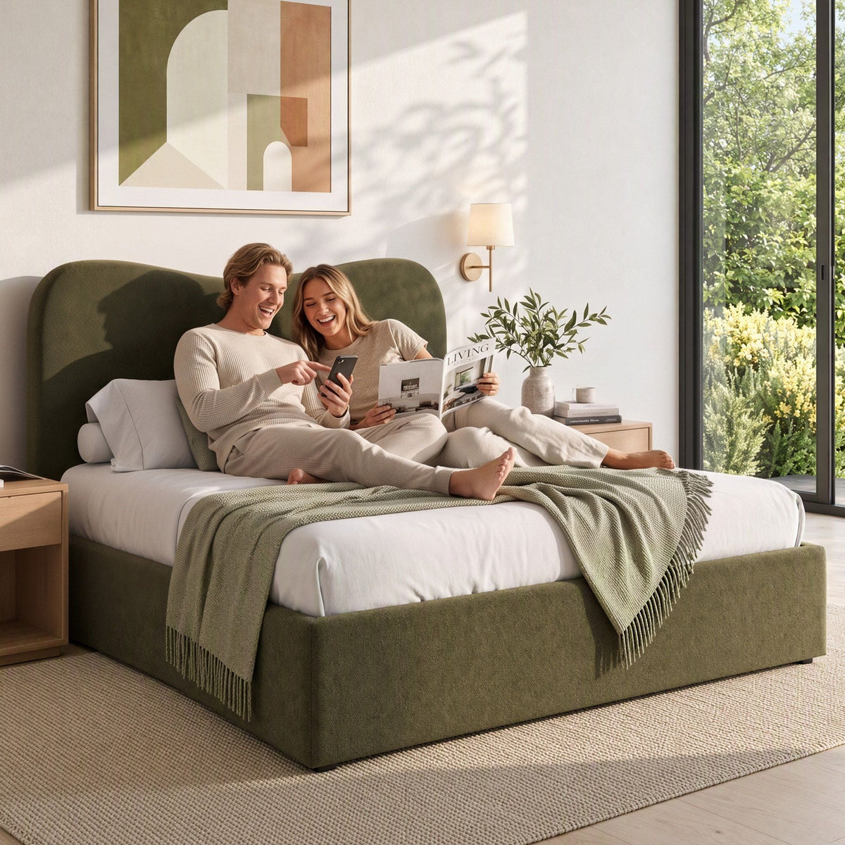 Queen Bed Frame with Storage Drawer and Chenille Curved Headboard - Furniture > Bedroom > Beds & Bed Frames - Rivercity House & Home Co. (ABN 18 642 972 209) - Affordable Modern Furniture Australia