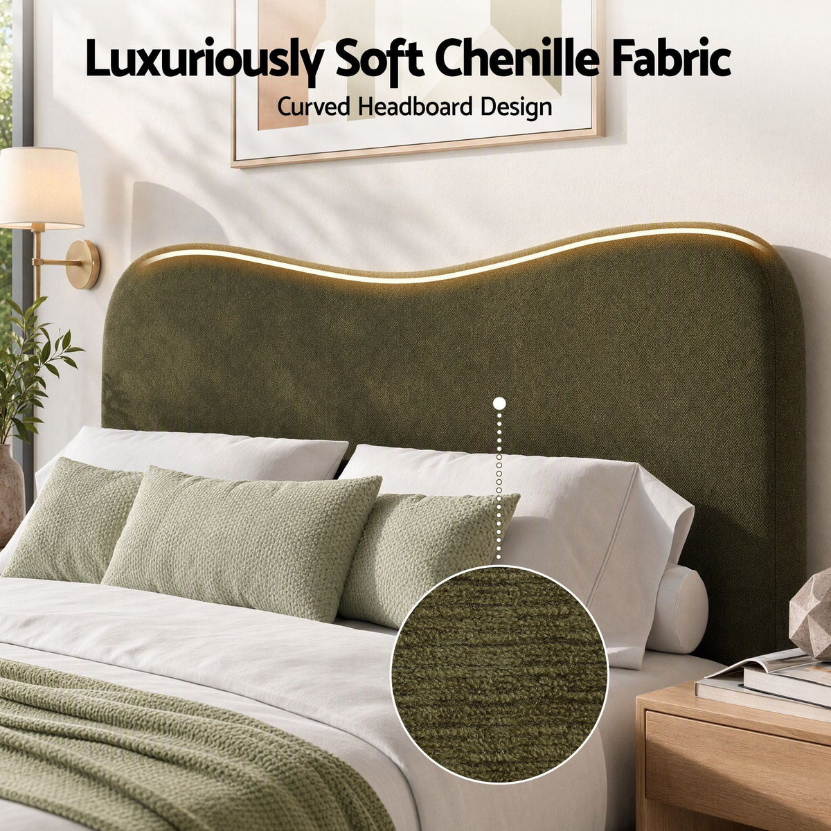 Queen Bed Frame with Storage Drawer and Chenille Curved Headboard - Furniture > Bedroom > Beds & Bed Frames - Rivercity House & Home Co. (ABN 18 642 972 209) - Affordable Modern Furniture Australia