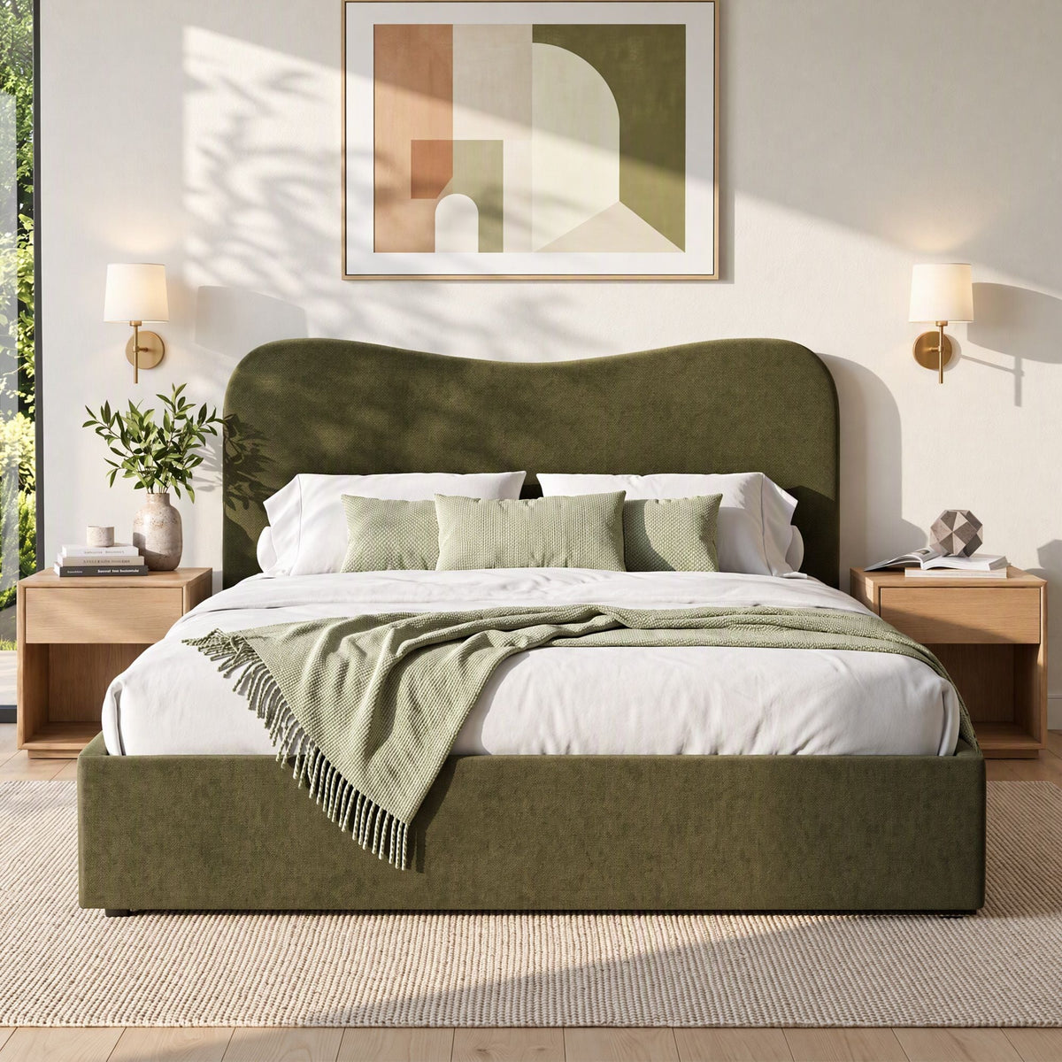 Queen Bed Frame with Storage Drawer and Chenille Curved Headboard - Furniture > Bedroom > Beds & Bed Frames - Rivercity House & Home Co. (ABN 18 642 972 209) - Affordable Modern Furniture Australia
