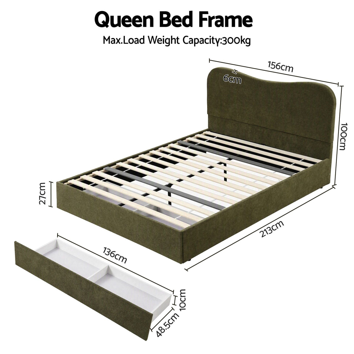 Queen Bed Frame with Storage Drawer and Chenille Curved Headboard - Furniture > Bedroom > Beds & Bed Frames - Rivercity House & Home Co. (ABN 18 642 972 209) - Affordable Modern Furniture Australia
