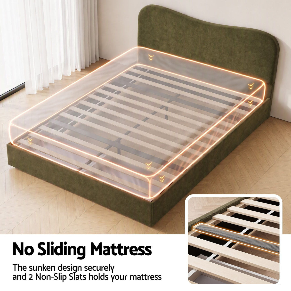 Queen Bed Frame with Storage Drawer and Chenille Curved Headboard - Furniture > Bedroom > Beds & Bed Frames - Rivercity House & Home Co. (ABN 18 642 972 209) - Affordable Modern Furniture Australia