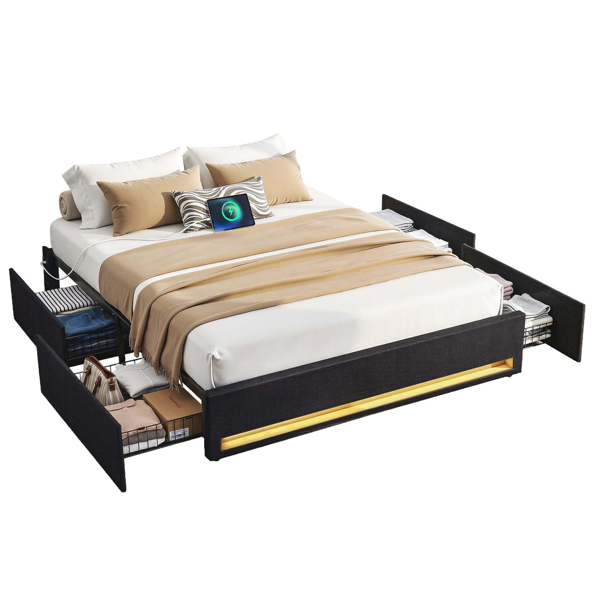 Queen Bed Frame with Storage Drawers RGB Lights Charging Station Upholstered Fabric - Furniture > Bedroom > Beds & Bed Frames - Rivercity House & Home Co. (ABN 18 642 972 209) - Affordable Modern Furniture Australia