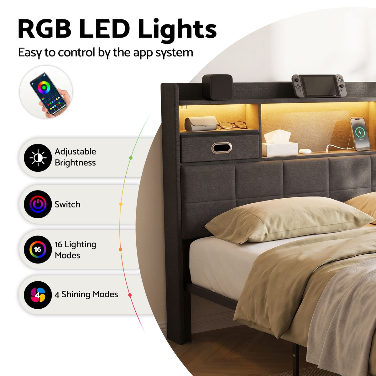 Queen Bed Frame with Storage Drawers, USB Charging & LED Lighting - Dark Grey - Furniture > Bedroom > Beds & Bed Frames - Rivercity House & Home Co. (ABN 18 642 972 209) - Affordable Modern Furniture Australia