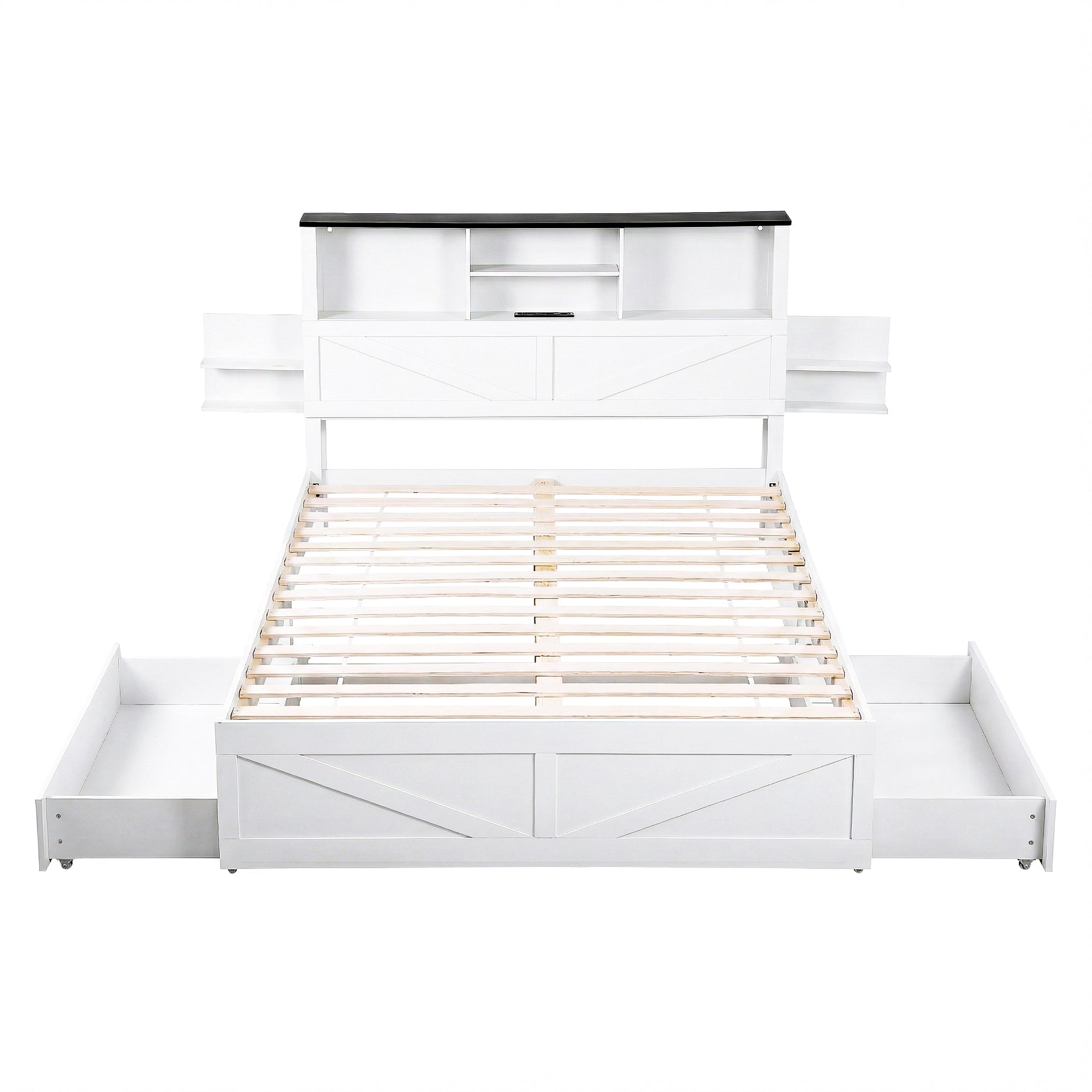 Queen Bed Frame with Storage Drawers White Platform Bedframe with Bookcase Headboard Charging Station Led Light - Furniture > Bedroom > Beds & Bed Frames - Rivercity House & Home Co. (ABN 18 642 972 209) - Affordable Modern Furniture Australia