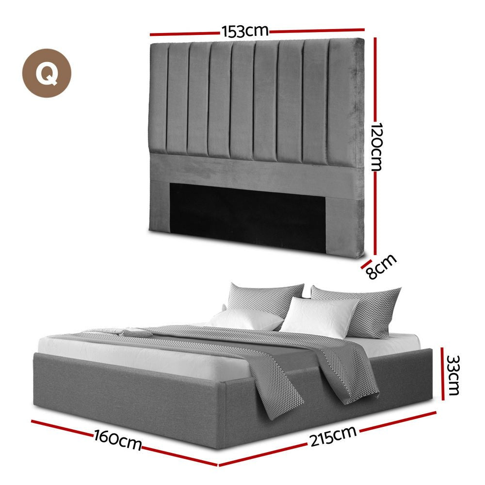 Queen Bed Frame with Storage Grey Velvet Headboard Gas Lift Platform Base - Furniture > Bedroom > Beds & Bed Frames - Rivercity House & Home Co. (ABN 18 642 972 209) - Affordable Modern Furniture Australia