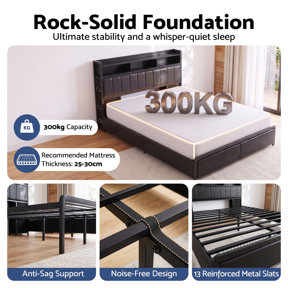 Queen Bed Frame with Storage Headboard, 2 Drawers, Charging Station & LED Light - Black - Furniture > Bedroom > Beds & Bed Frames - Rivercity House & Home Co. (ABN 18 642 972 209) - Affordable Modern Furniture Australia