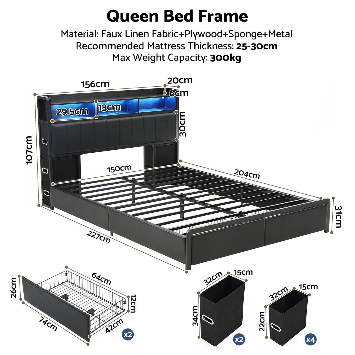 Queen Bed Frame with Storage Headboard, 2 Drawers, Charging Station & LED Light - Black - Furniture > Bedroom > Beds & Bed Frames - Rivercity House & Home Co. (ABN 18 642 972 209) - Affordable Modern Furniture Australia